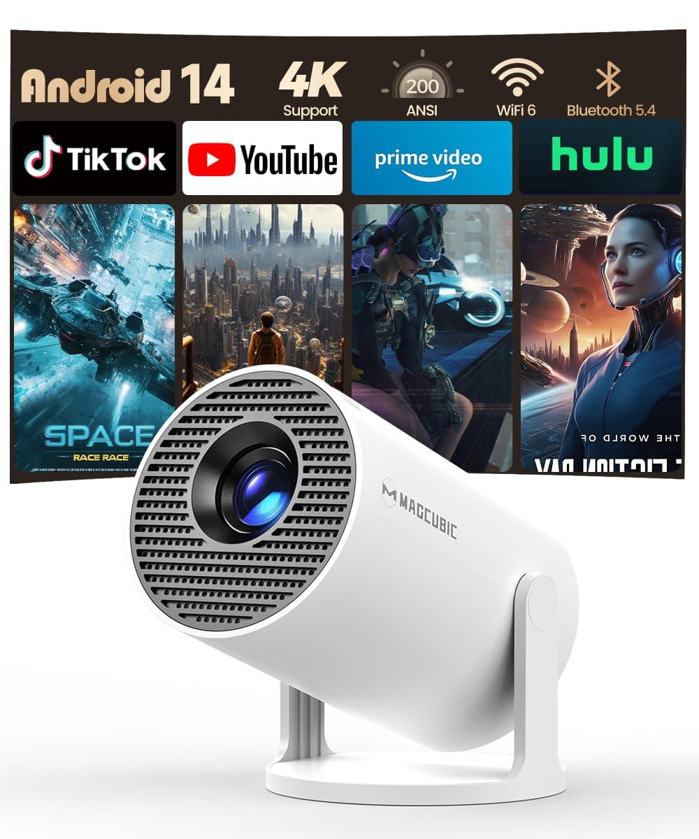 Proyector Portátil con Android 14, Mini Proyector 4k 1080P Full HD Soporte 200ANSI, Videoproyector WiFi 5G BT 5.4, Cine Projector 180 ° Se Puede Girar para TV Stick Blanco