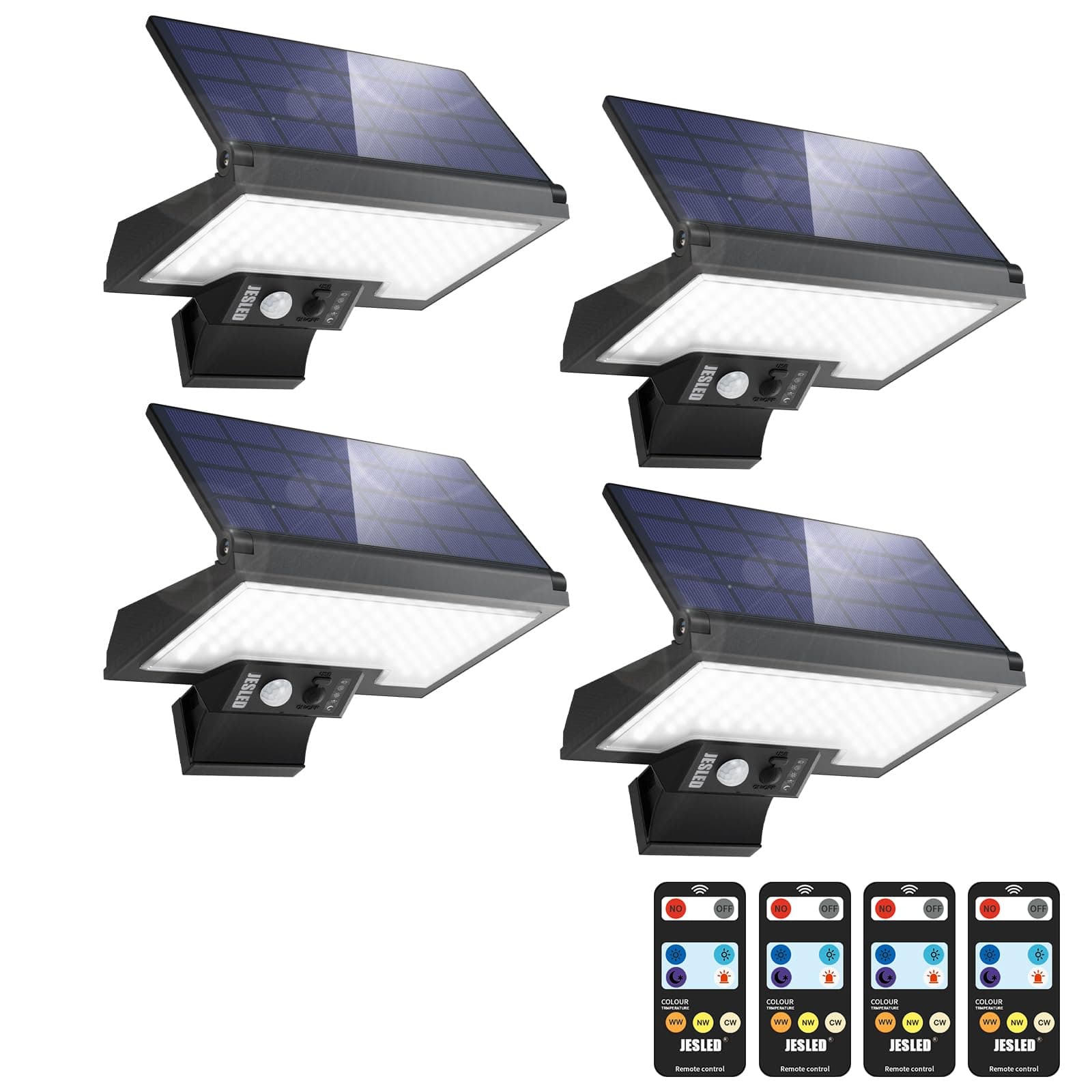 JESLED Lámpara Solar Exterior con Sensor de Movimiento 108 LEDs, 2600mAh, Tipo-C, 4 Modos 3 Colores IP65 Impermeable Ángulo Ajustable para Jardín Pared Garaje. Pack de 4