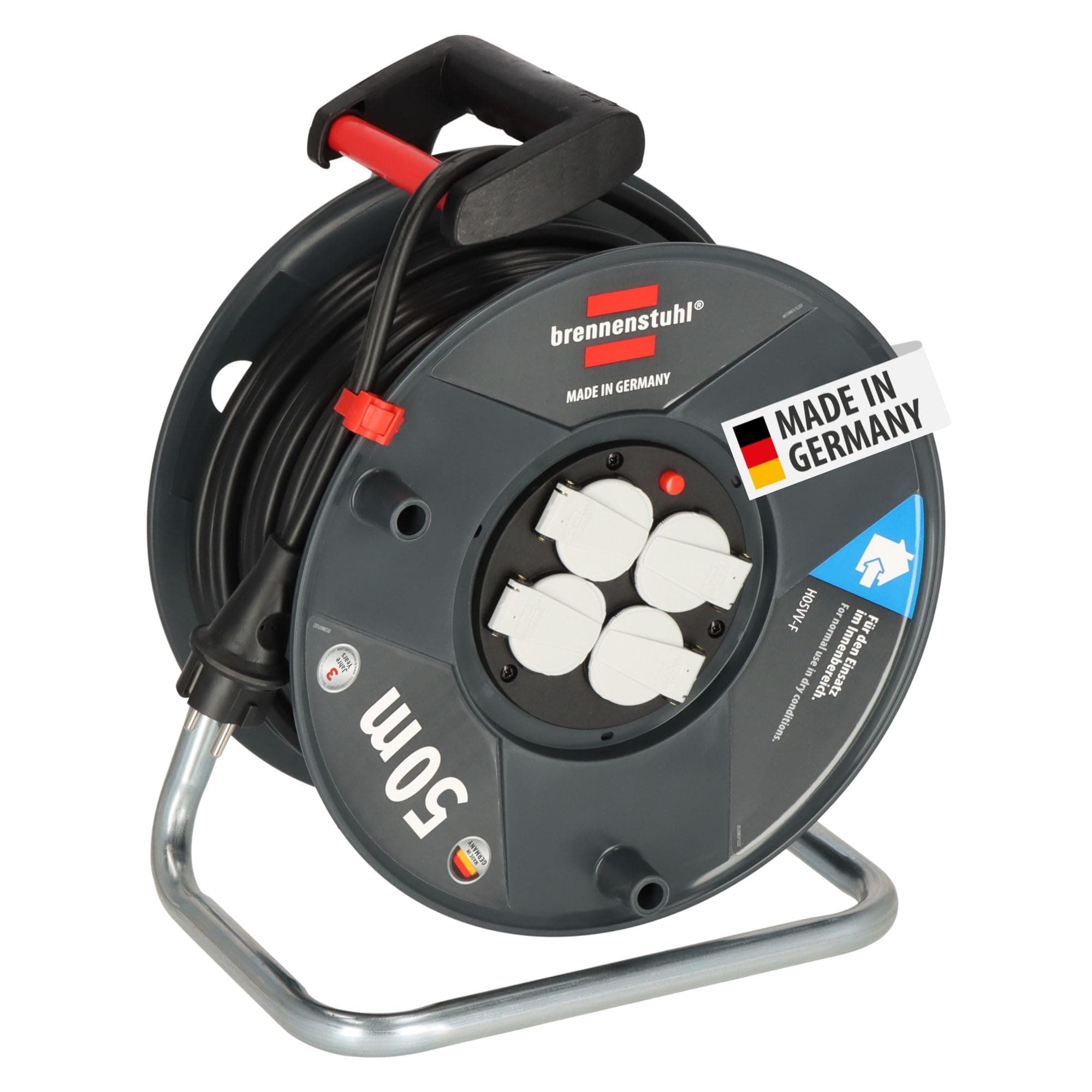 Brennenstuhl Garant V2 Kabeltrommel 50m Kabel (Made in Germany, 4 Schutzkontakt-Steckdosen, Überhitzungsschutz, Trommelkörper aus Spezialkunststoff)