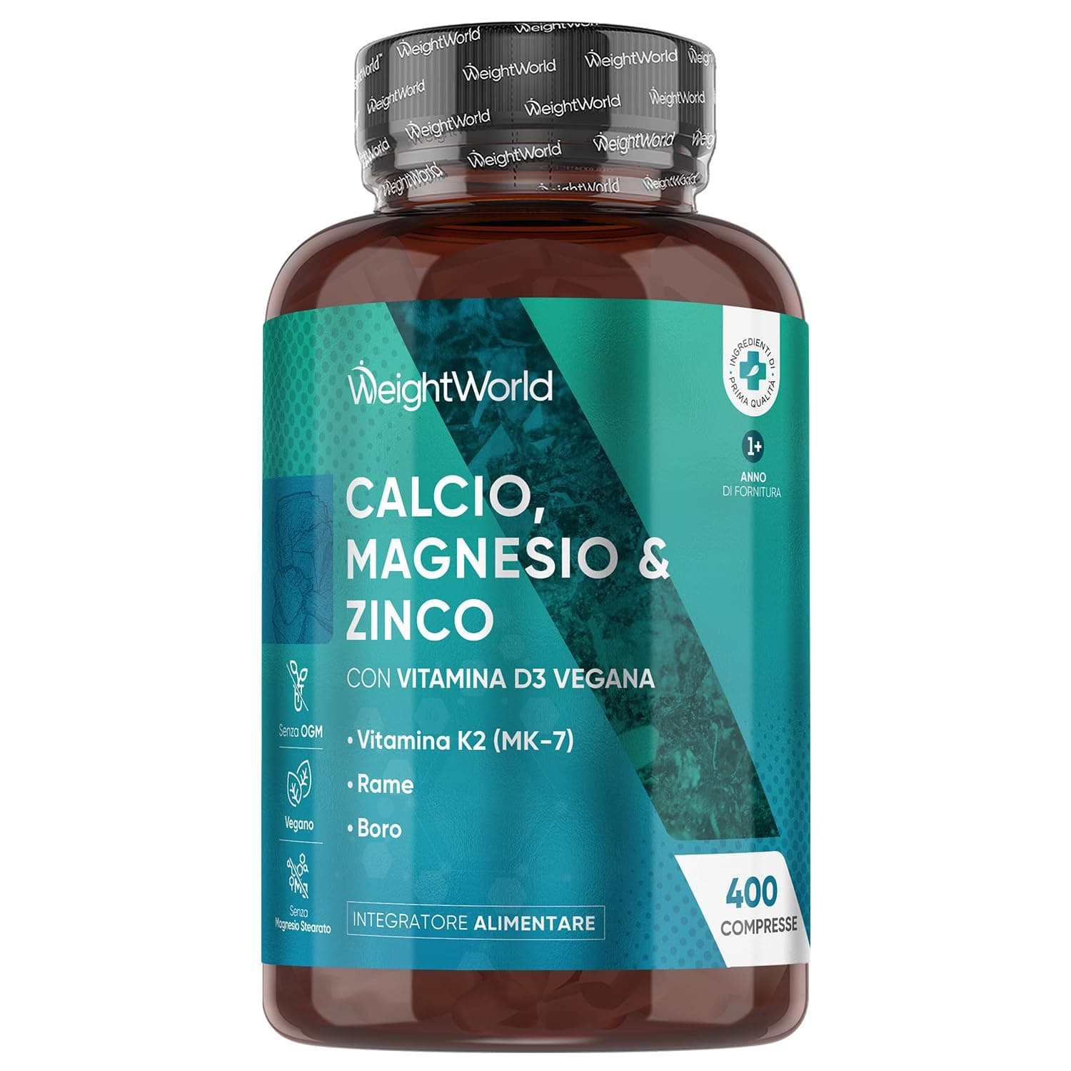 Magnesio Zinco Calcio Vegano con Vitamina D3 K2 MK-7, 400 Compresse (13+ Mesi di Fornitura), 1 al Giorno, Calcio Magnesio Zinco Integratore, Complex Contenente Minerali Come Rame e Selenio, Senza OGM