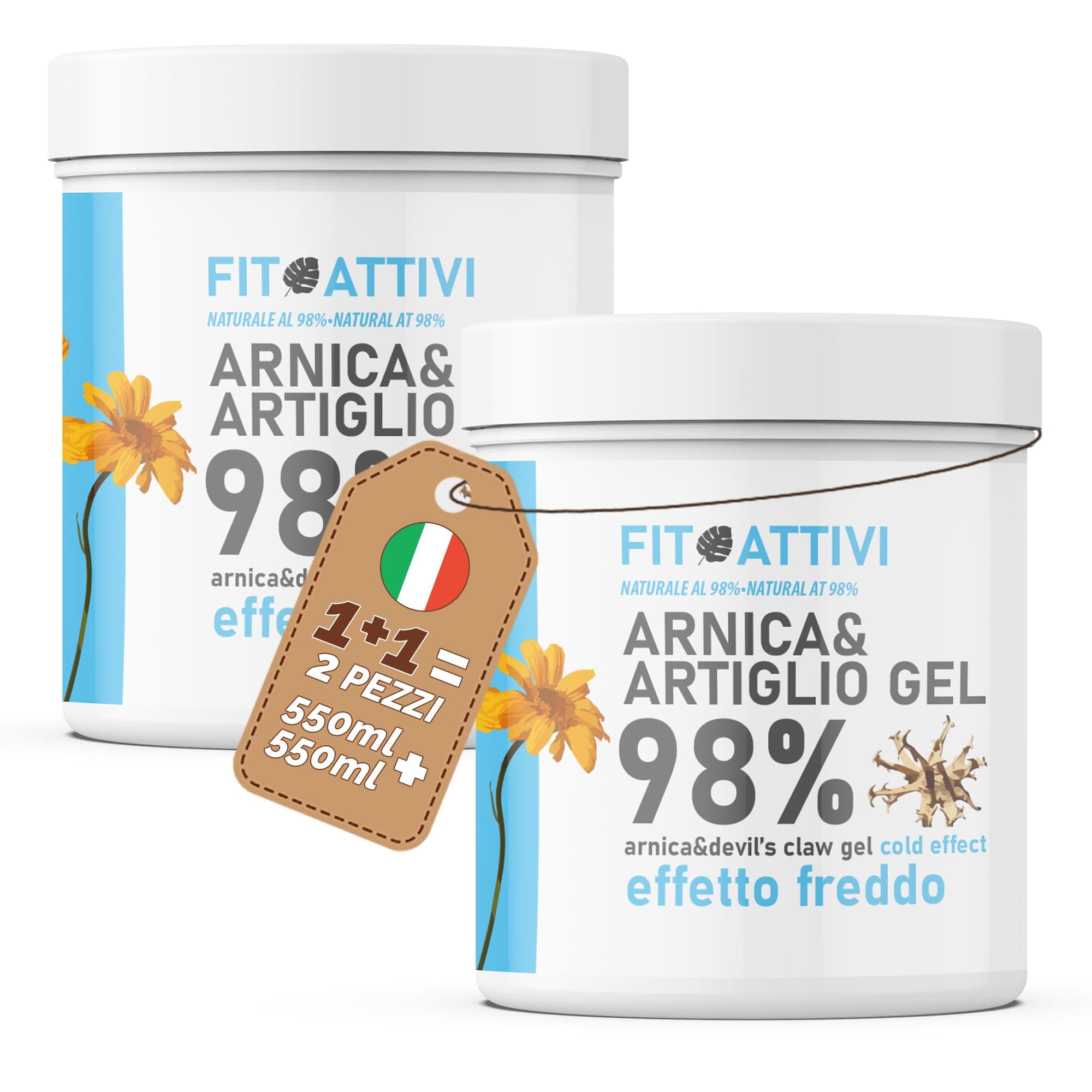 Arnica e Artiglio del Diavolo Forte 2x550ml Effetto Freddo 98% Arnica Per Cavalli Uso Umano Vitamina E Mentolo Menta per Massaggi Locali Made In Italy