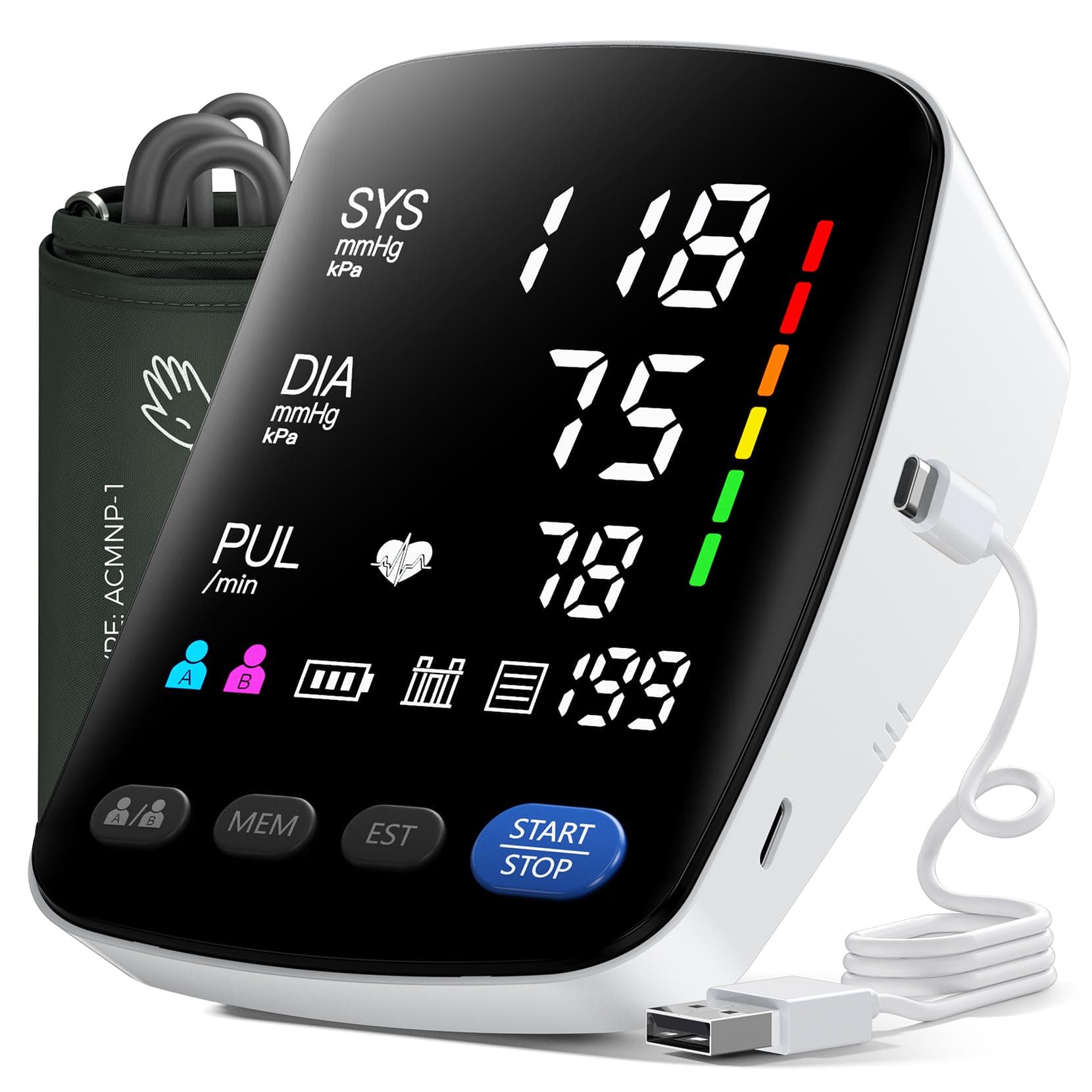 Tensiometro de Brazo Digital - Medidor Tension Arterial Profesional, Aparato Tension Arterial con Pantalla LED HD, Se Pueden Registrar 2 x 199 Datos de Usuario,Cable de Carga de Batería AA/Tipo-C