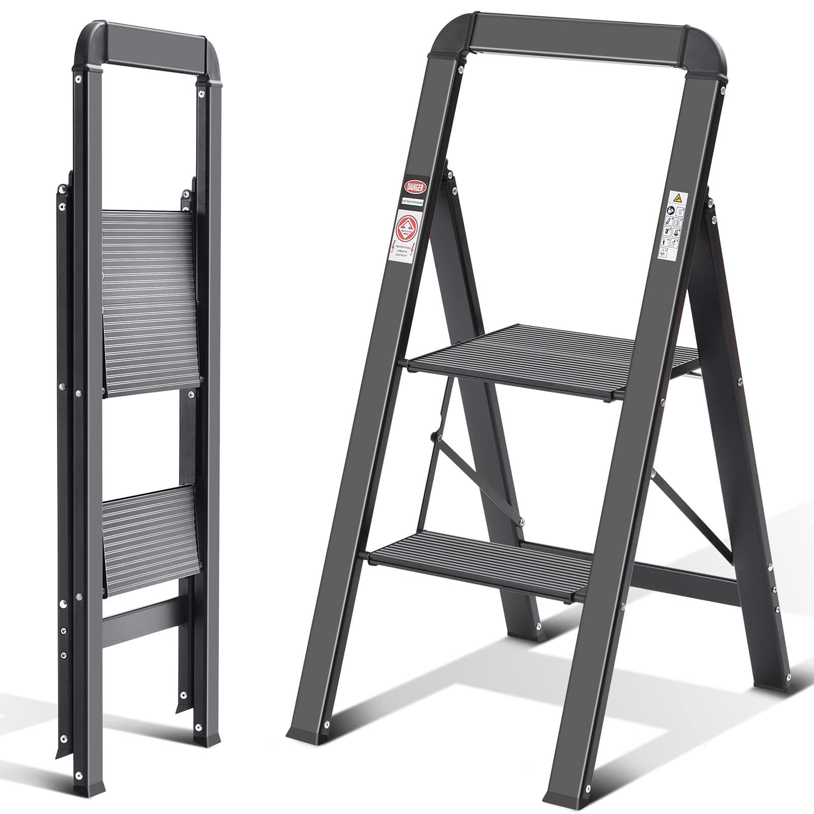 KINGRACK Escabeau 2 marches Aluminium, Pliant avec Main Courante, de Maison antidérapant avec sécurité Pliante, en Aluminium, Charge maximale 150 kg, Noir