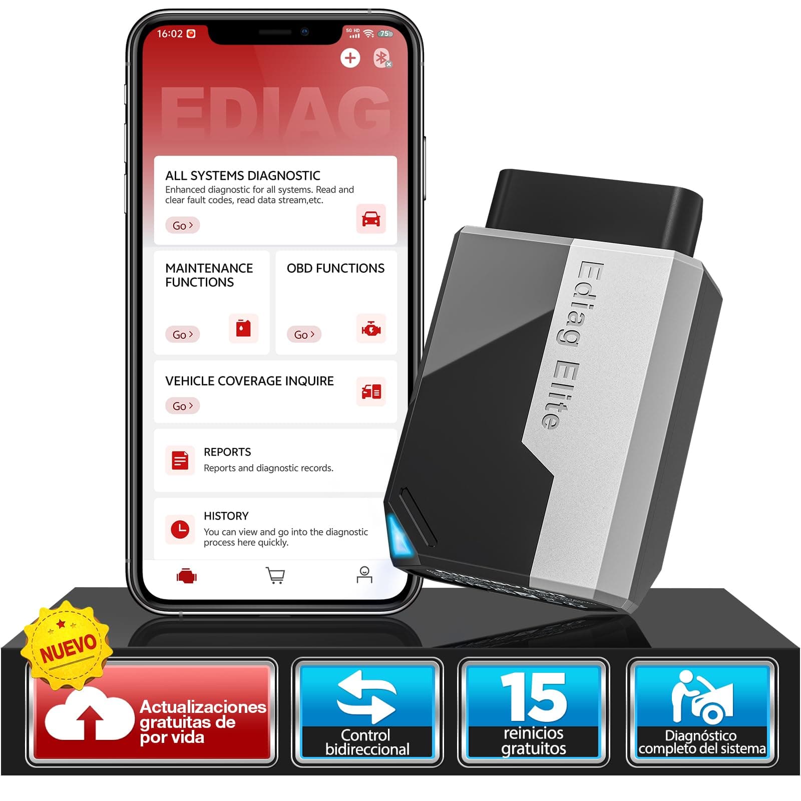 KINGBOLEN EDIAG Elite OBD2 Diagnosis, Bluetooth Diagnosis Coche Multimarca,Diagnóstico de Todos los Sistemas, 15+ Servicios Reset, Prueba Activa, para Android & iPhone, Actualizaciones gratuitas