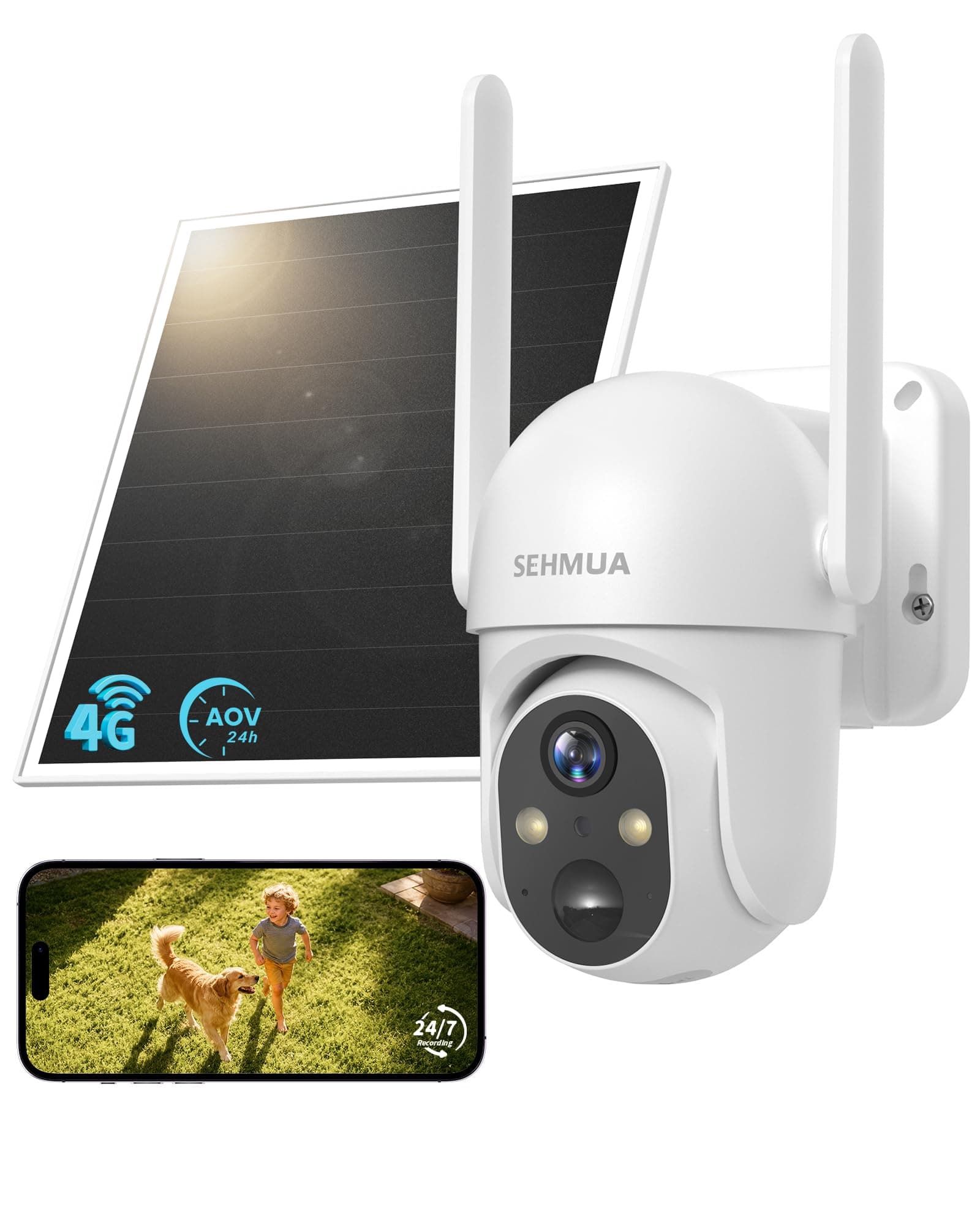 SEHMUA 24/7 AOV Telecamera con SIM 4G da Esterno con Pannello Solare, 2K PTZ Telecamera con Pannello Solare con Rilevamento AI, Batteria 10400mAh, Visione Notturna a Colori, Audio Bidirezionale, eSIM