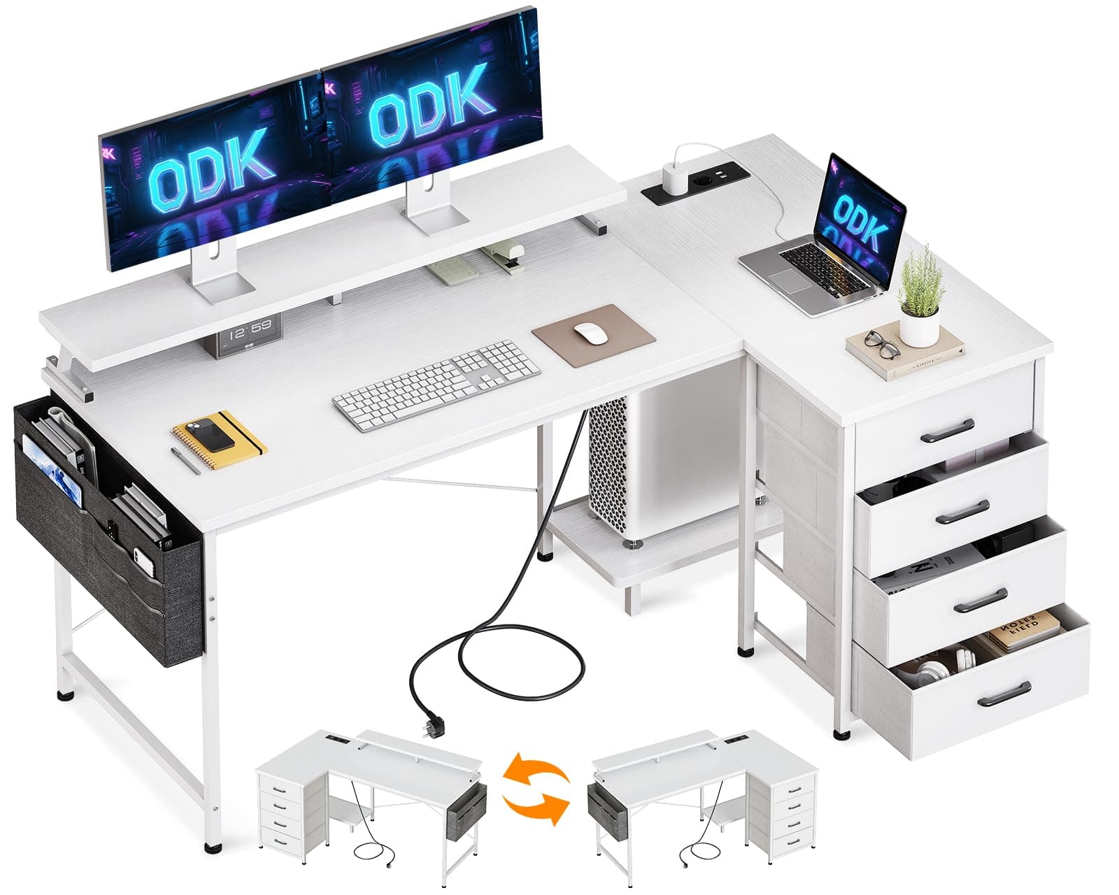 ODK Scrivania Angolare con 4 Cassetti, 140x80cm Scrivania ad Angolo Reversibile con Prese, Scrivanie a L con Scaffali Portaoggetti Tavolo con Borsa Portaoggetti per Casa Ufficio, Bianco