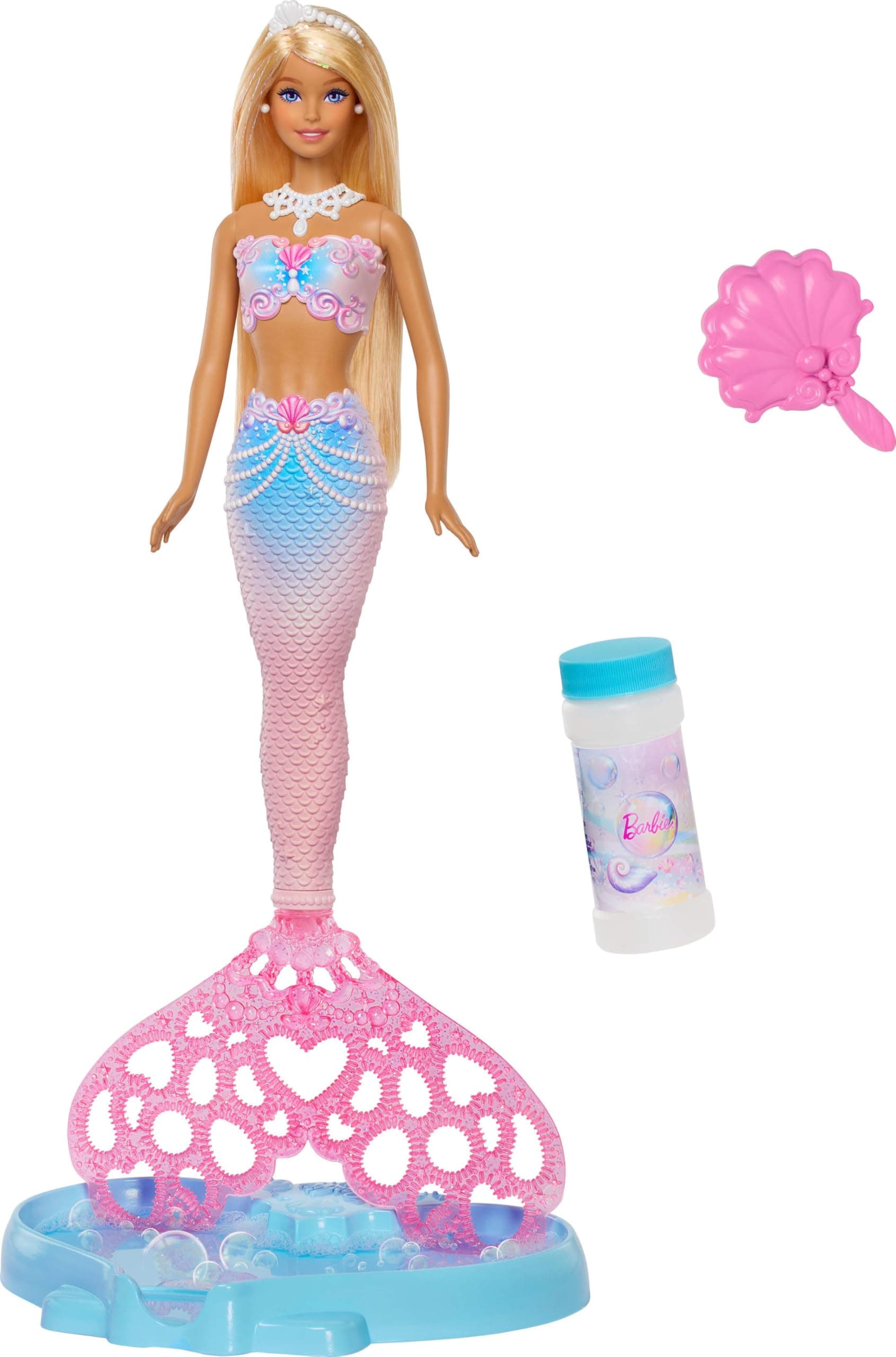 Barbie Bubble Sparkle Meerjungfrau-Puppe mit Seifenblasenfläschchen und -lösung, Tablett und Bürste, extralanges Blondes Haar mit Farbsträhnchen, JLW56