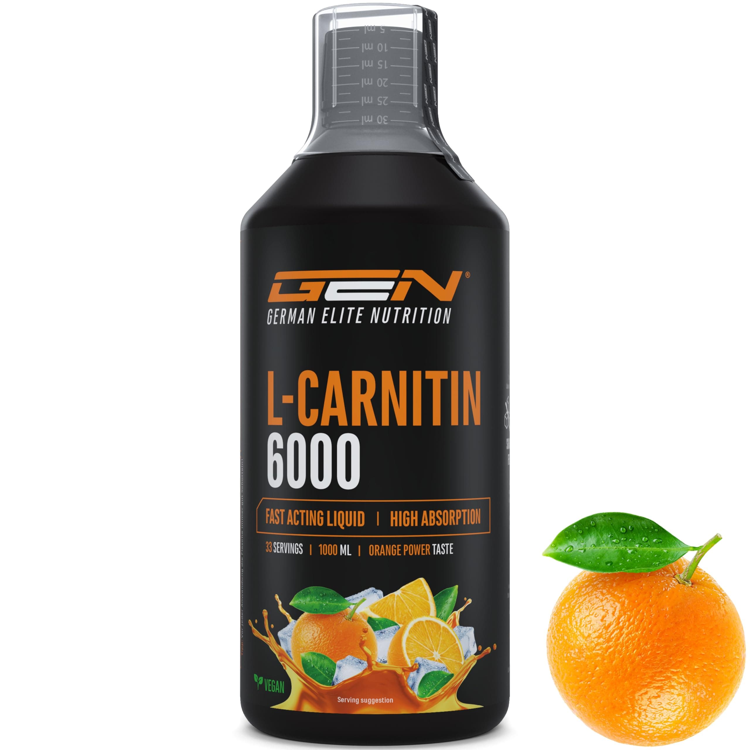 L-Carnitina 6000 Líquido - 1000 ml - Dosis extra alta con 6000 mg de L-Carnitina pura por porción diaria - Bebida Amino-Entrenamiento - Sabor delicioso (Orange Power) - Vegano