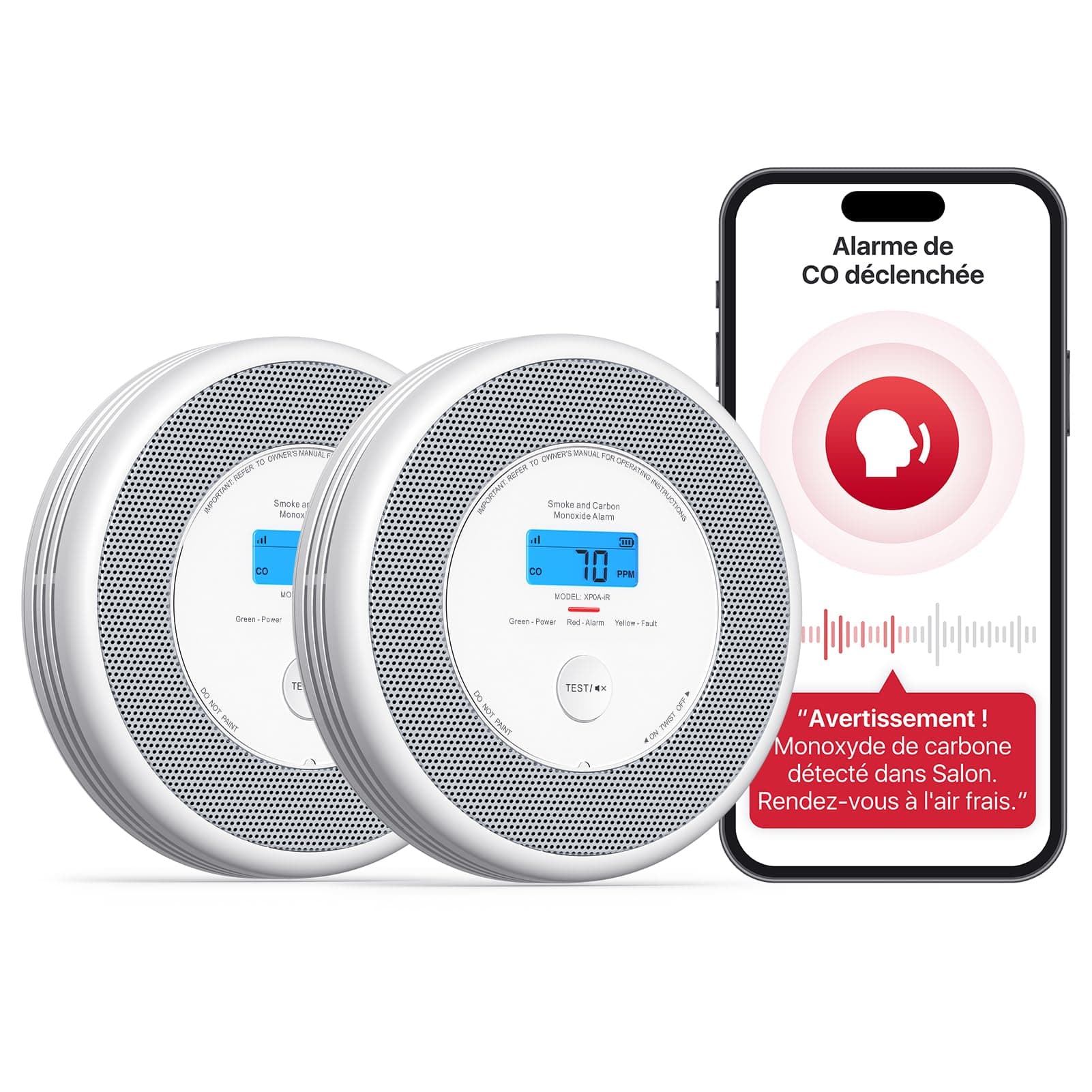 X-Sense Détecteur de Fumée et de Monoxyde de Carbone Connecté avec Fonction d’Alerte Vocale en Français, Détecteur de Fumée Wi-FI Compatible avec X-Sense Home Security App, XP0A-iR, Lot de 2