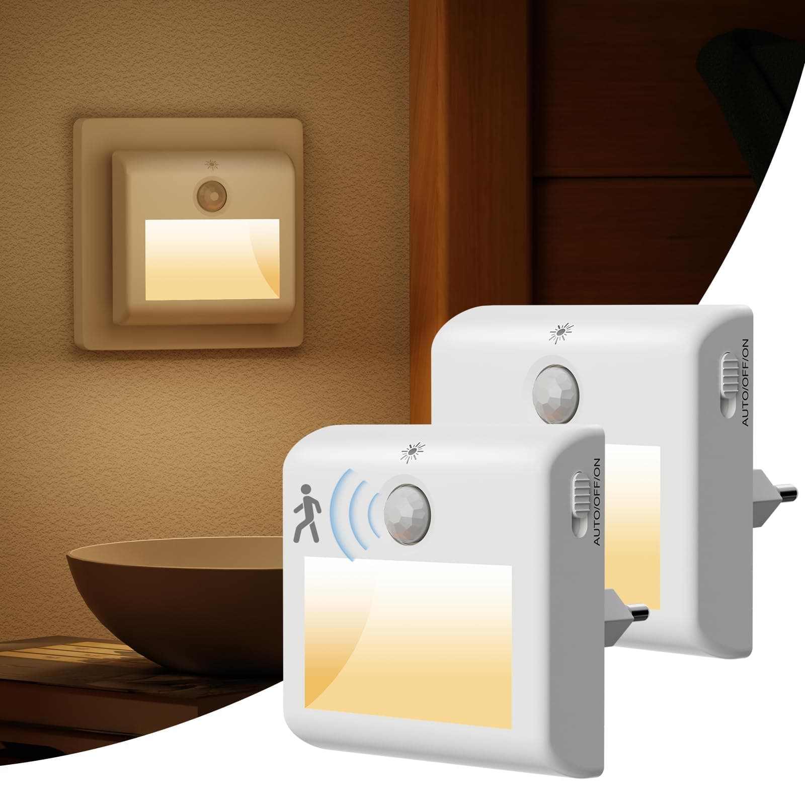 Suright [Lot de 2] Veilleuses de Prise avec Détecteur de Mouvement, Lumière Blanc Chaud Bébé Lampe, 3 Modes (ON/Auto/OFF), Gradation, pour Enfants Chambre, Couloir, Escalier, Cuisine, Salle de Bain