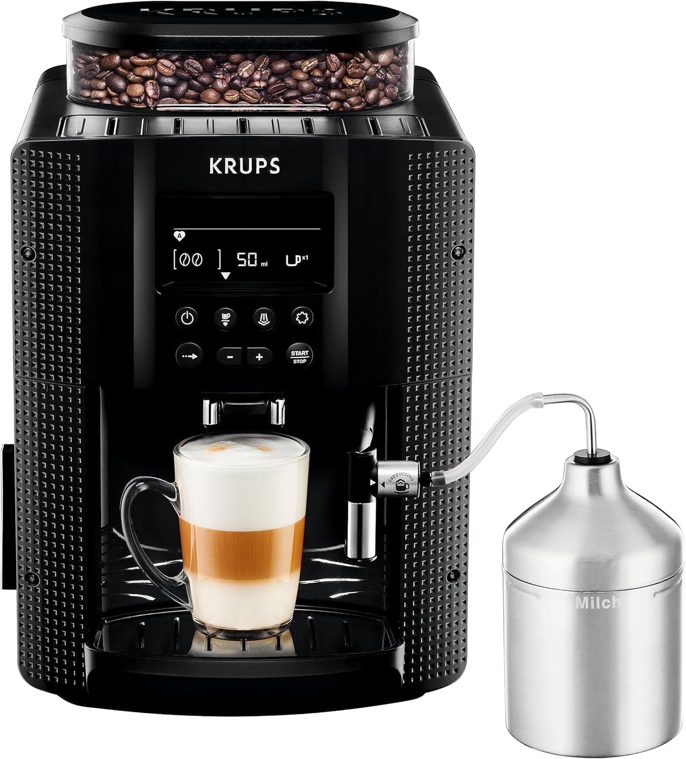 Krups Essential, Cafetera superautomática, Depósito de agua de 1,7 L, 3 niveles de temperatura, 3 texturas de molienda, 15 Bares, Pantalla LCD intuitiva, Incluye accesorio para la leche, Negra, EA8160