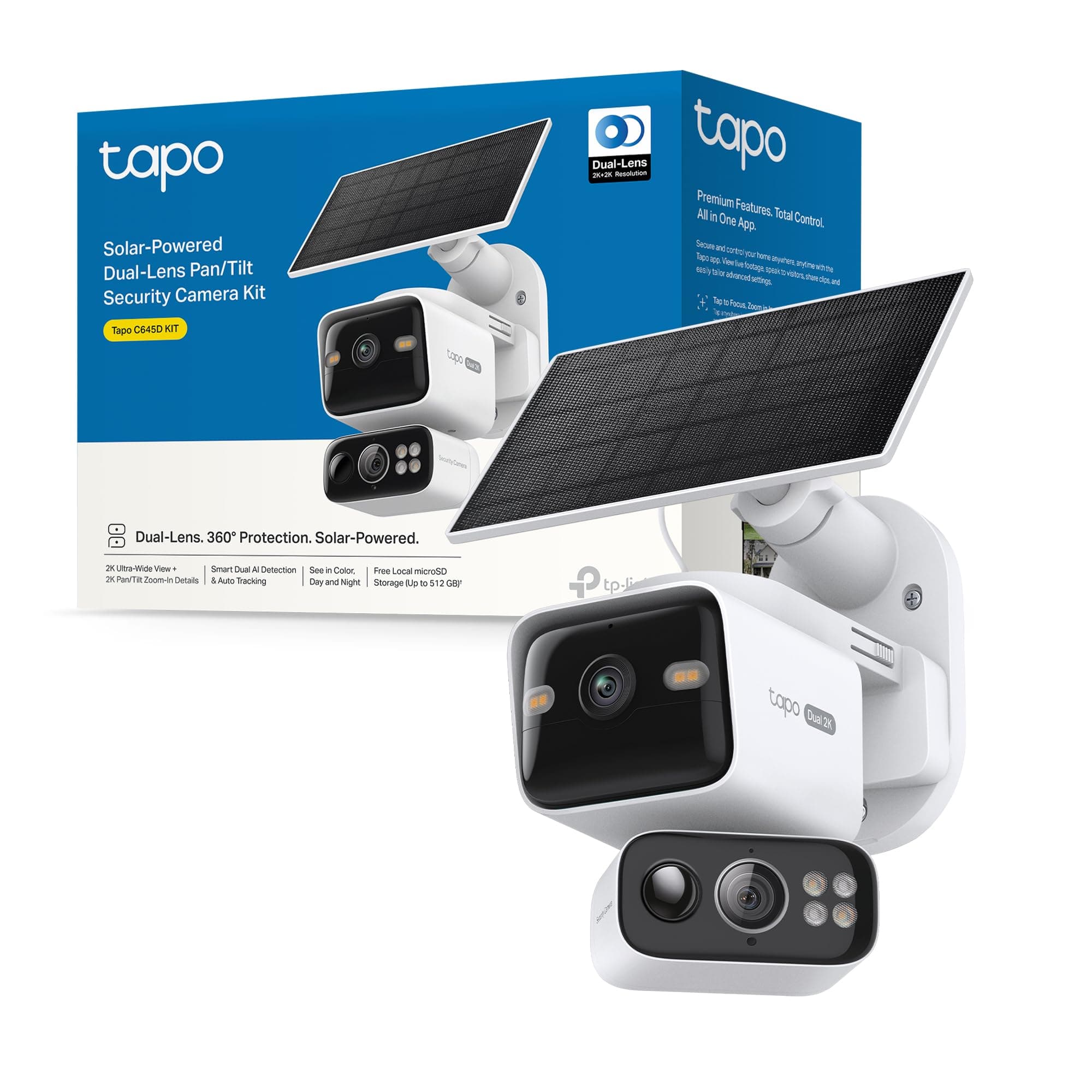 Tapo C645D KIT Telecamera Wifi Esterno con Pannello Solare, Doppia lente 2K, 360° Copre 2 aree insieme, Batteria di backup 10.000 mAh, Visione Notturna a Colori, Tracciamento/Rilevamento AI,IP65