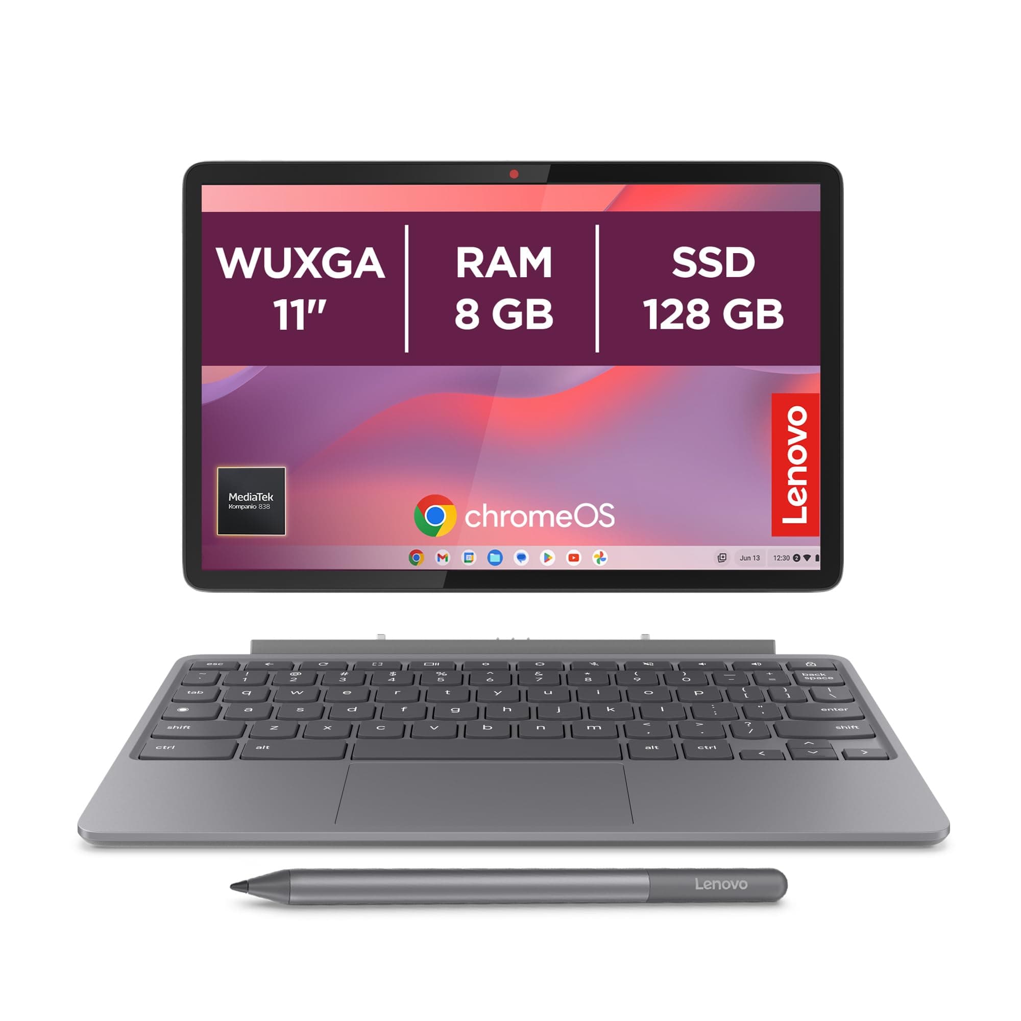 Lenovo Chromebook Duet 11 Gen 9-11" WUXGA Táctil + Lápiz Incluido (MediaTek Kompanio 838, 8GB RAM, 128GB Emmc, ChromeOS) Gris QWERTY + 3 Meses Google AI Pro con Gemini Pro y 5TB