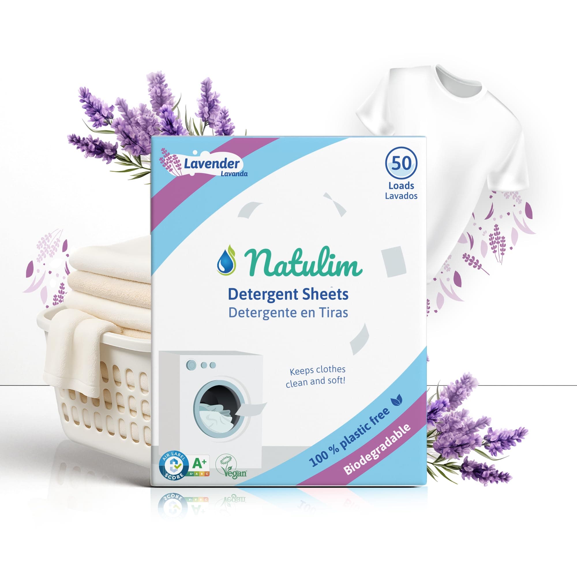 NATULIM - Detersivo in Fogli per Lavatrice - Detersivo Lavatrice Ecologico e Ipoallergenico - 50 Lavaggi - Fragranza Lavanda