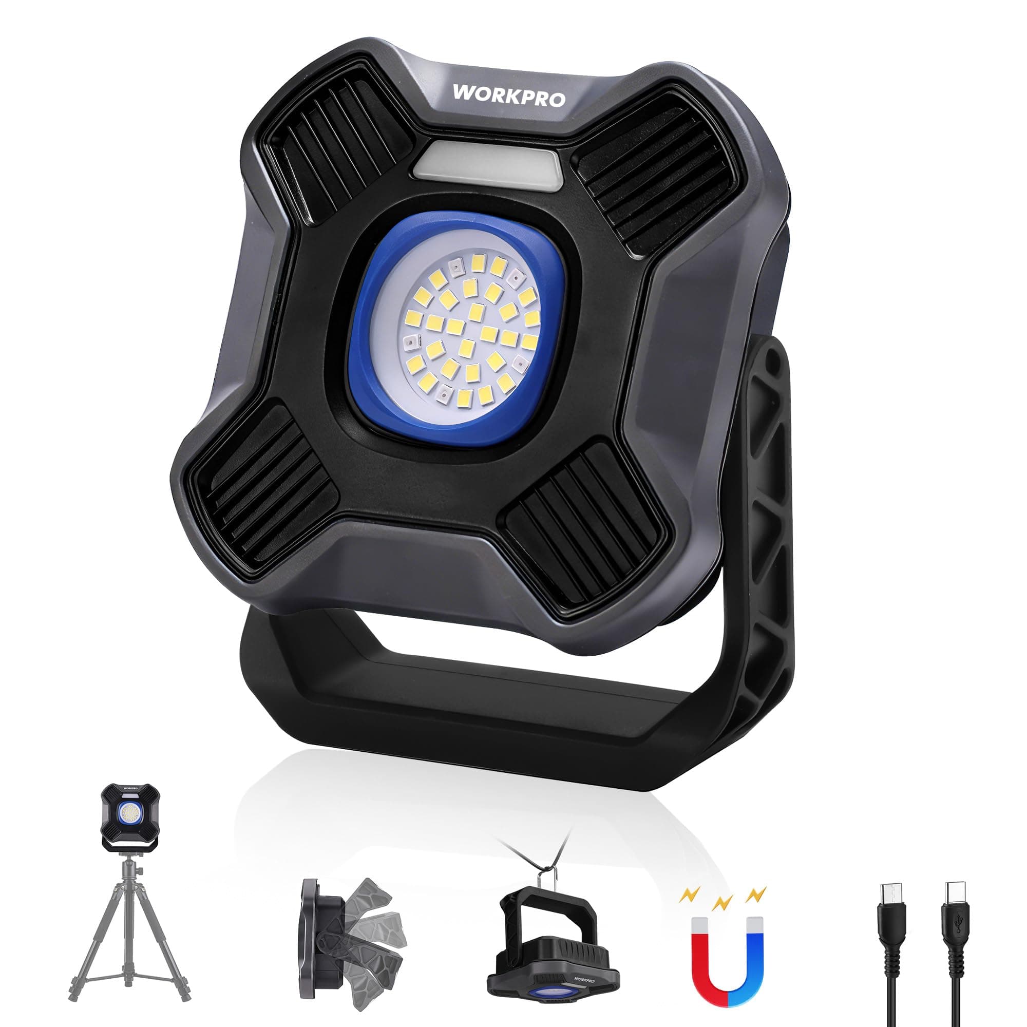 WORKPRO Foco LED Recargable 2000LM con Imanes | Luz de Trabajo Portátil con 5 Modos, Base Giratoria 180° y Batería 4000mAh para Camping y Emergencias