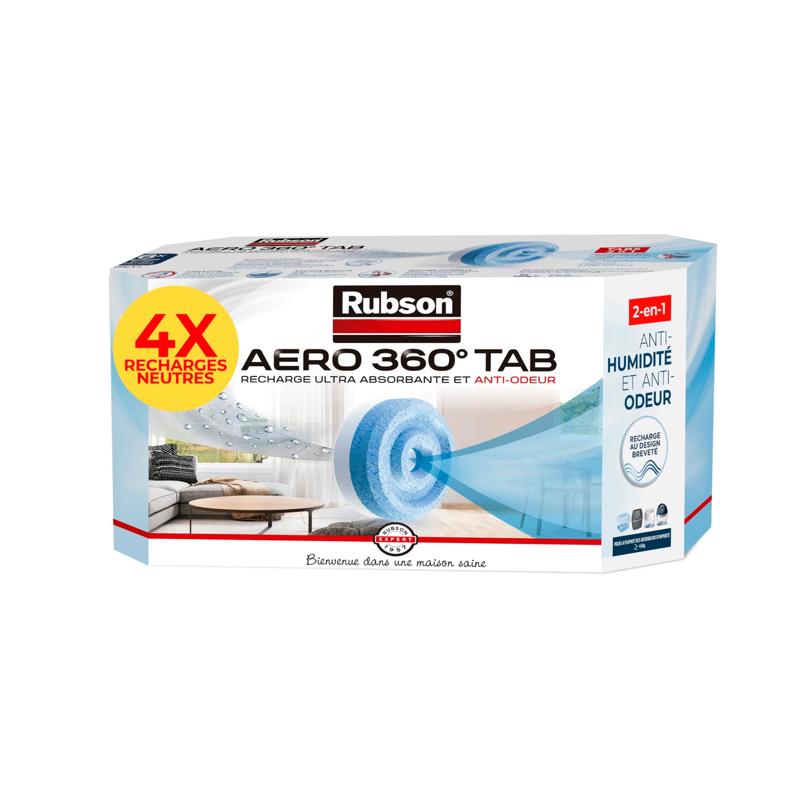 Rubson – AERO 360° Recharges en tabs neutres pour absorbeur d'humidité, recharges pour déshumidificateurs ultra absorbantes et anti odeur, 4 x 450 g pour déshumidificateur d'air