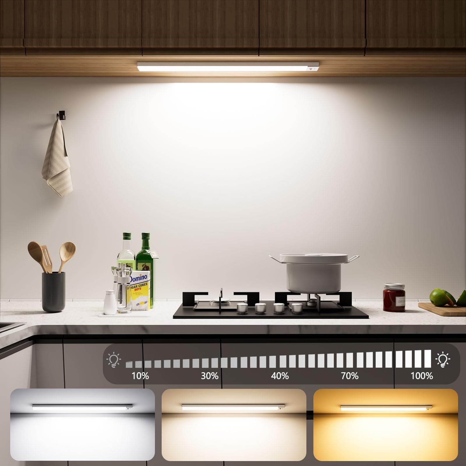 OUILA LED Armario con Sensor de Movimiento, 43CM Regulable Adhesiva, 3 Modos de Color, 2500 mAh USB Recargable Luz Nocturna para Cocina, Escaleras, Pasillo, Garaje
