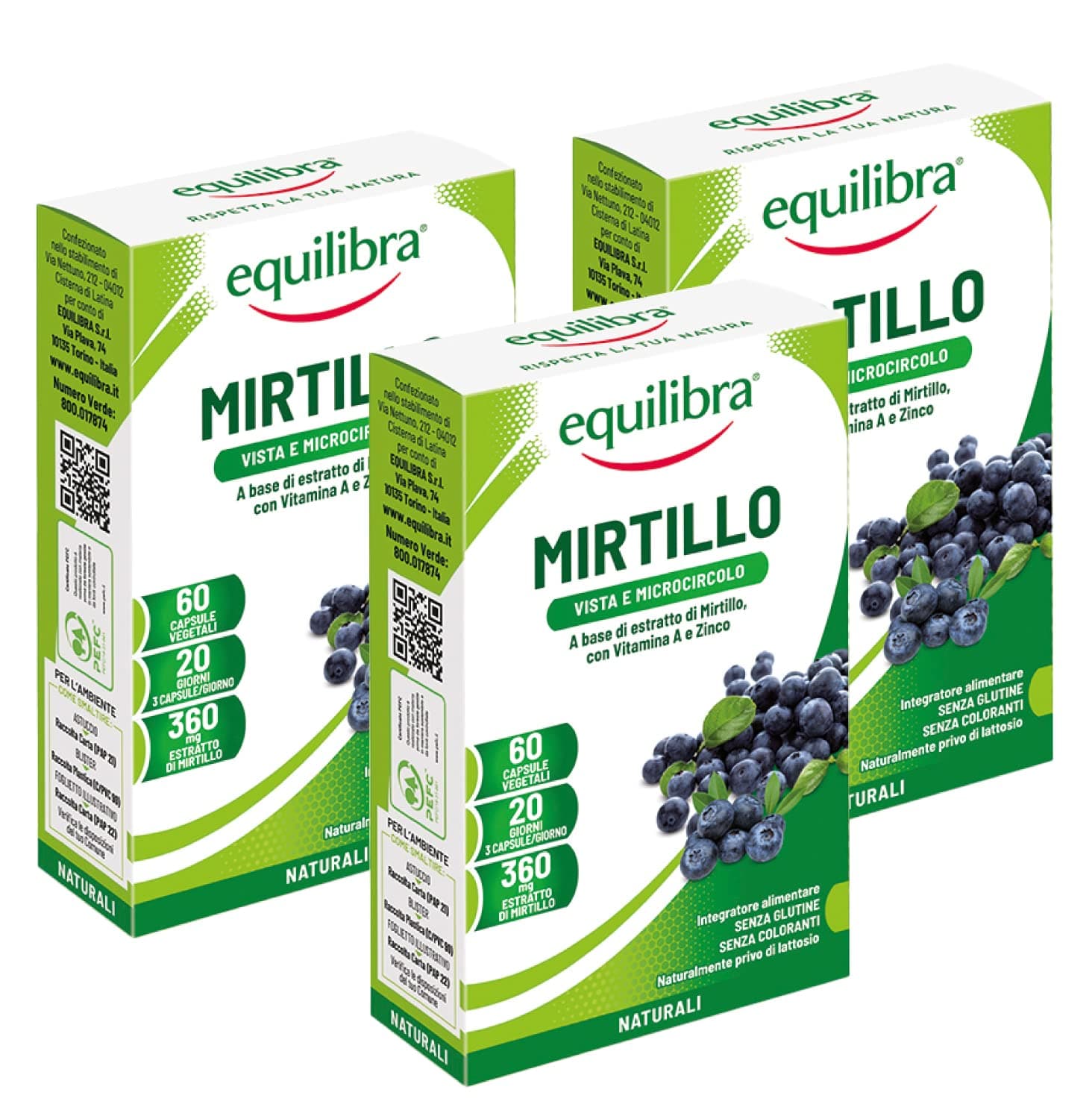 Equilibra Integratori Alimentari, Mirtillo, Integratore per la Normale Capacità Visiva e la Funzionalità del Microcircolo, con Estratto di Mirtillo, Vitamina A e Zinco, 3 Pezzi da 60 Capsule Vegetali