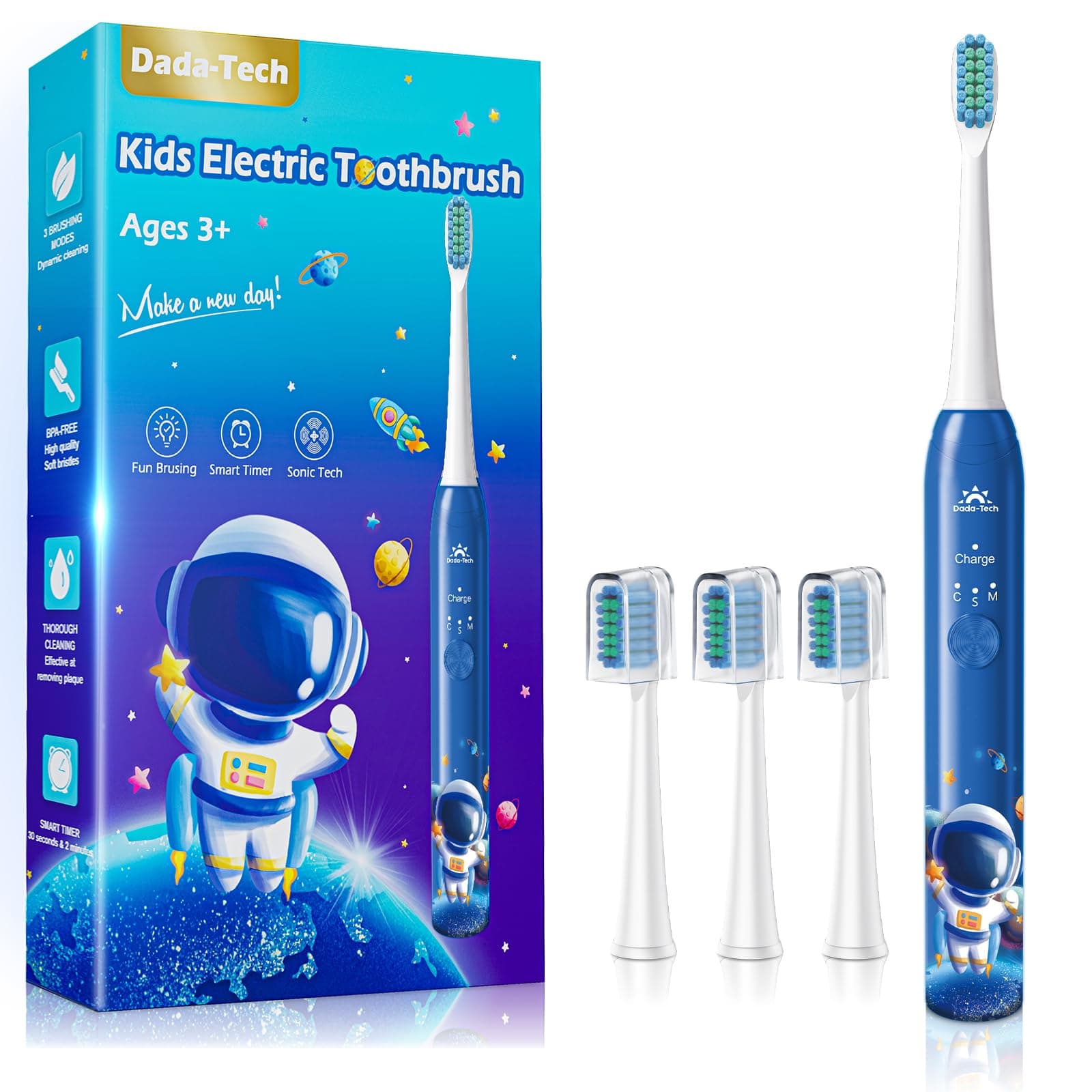 Brosse à Dents Électrique Enfant 3-6-8-12-18 Ans, Brosse a Dent Electrique Enfant Rechargeable Avec Minuteur, Autocollants pour Habitudes et 4 Têtes Douces Pour Kids Filles Et Garçons(Astronaute Bleu)