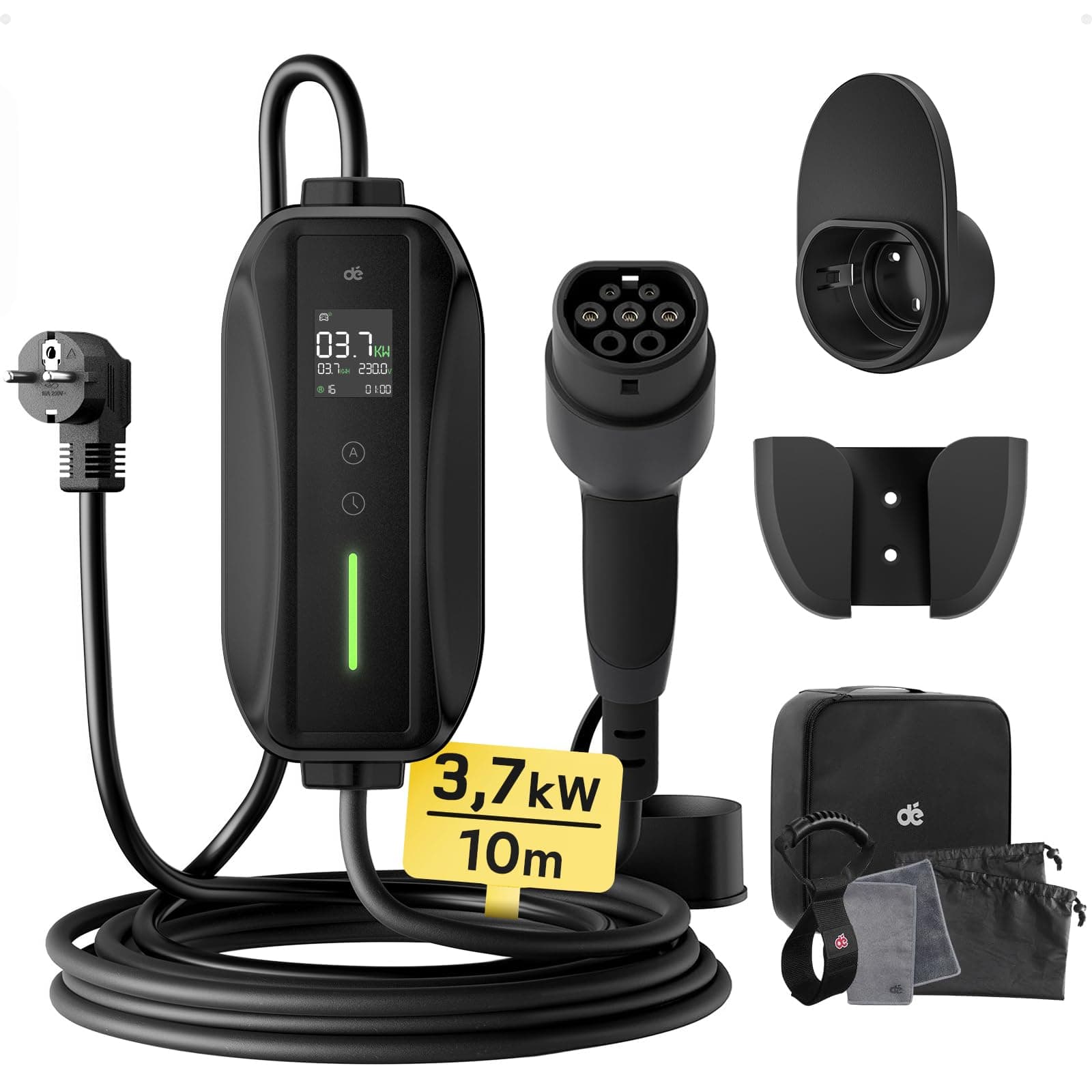 dé Cavo Ricarica Auto Elettrica Tipo 2 Schuko 10m [3,7kW| 6-16A] Colonnina Ricarica Auto Elettrica, Wallbox Portatile con LCD Digitale e Supporto Compatibile con Model 3/Y, Seal U e Altri EV/PHEV