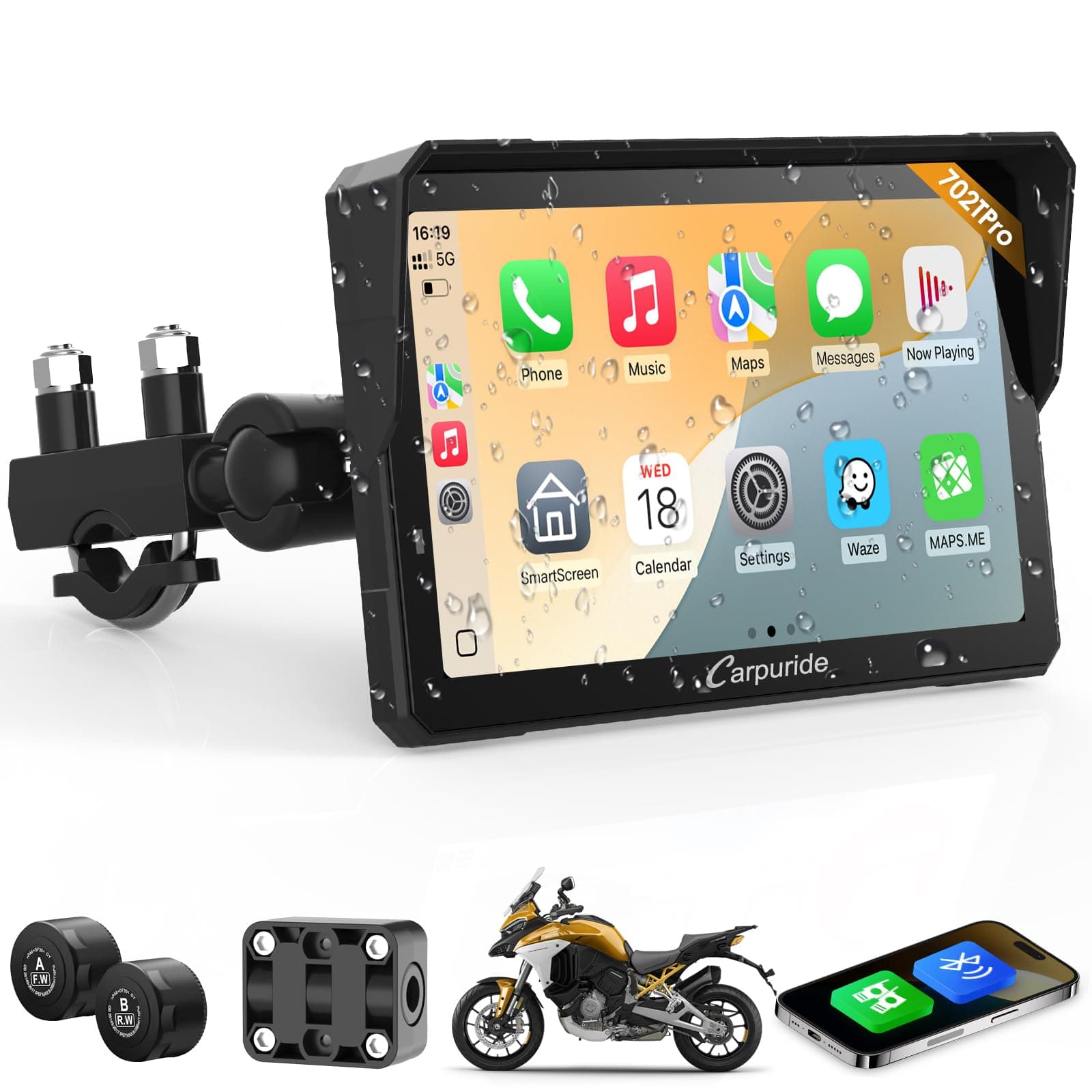 Carpuride W702T Pro Moto Carplay Schermo con TPMS Sistema, Senza Fili CarPlay e Android Auto, Portatile 7" Impermeabile Tattile Schermo, Doppio Bluetooth, Interfono Funzione, Navi, Bussola, Barometro.