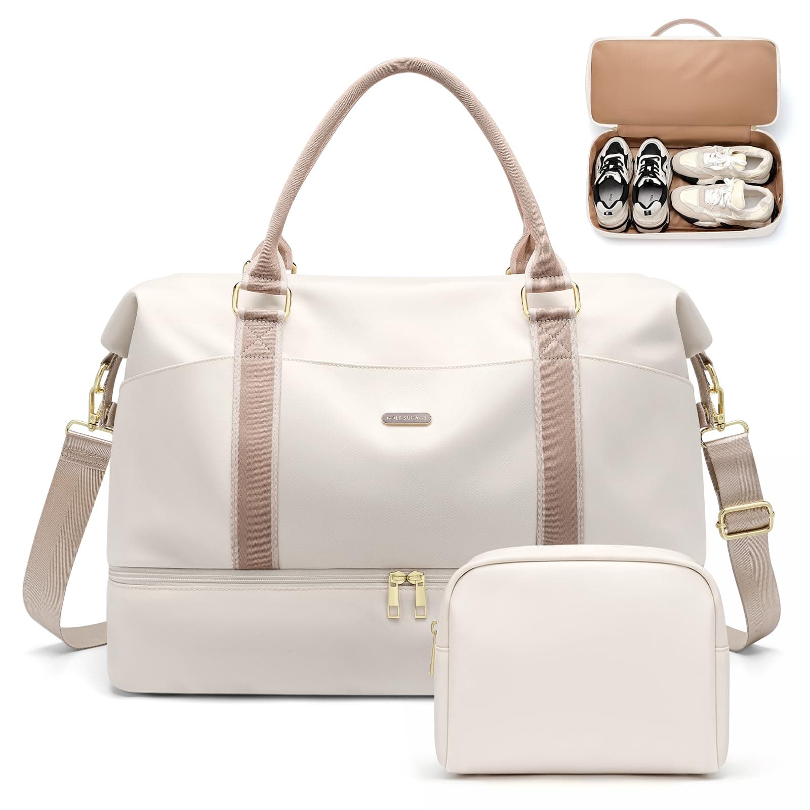 46L Bolsas de Fin de Semana para Mujer, Bolsa de Viaje con Neceser, Zapato y Compartimento Húmedo, Bolsa Gimnasio Bolso Maternidad Hospital (Blanquecino)