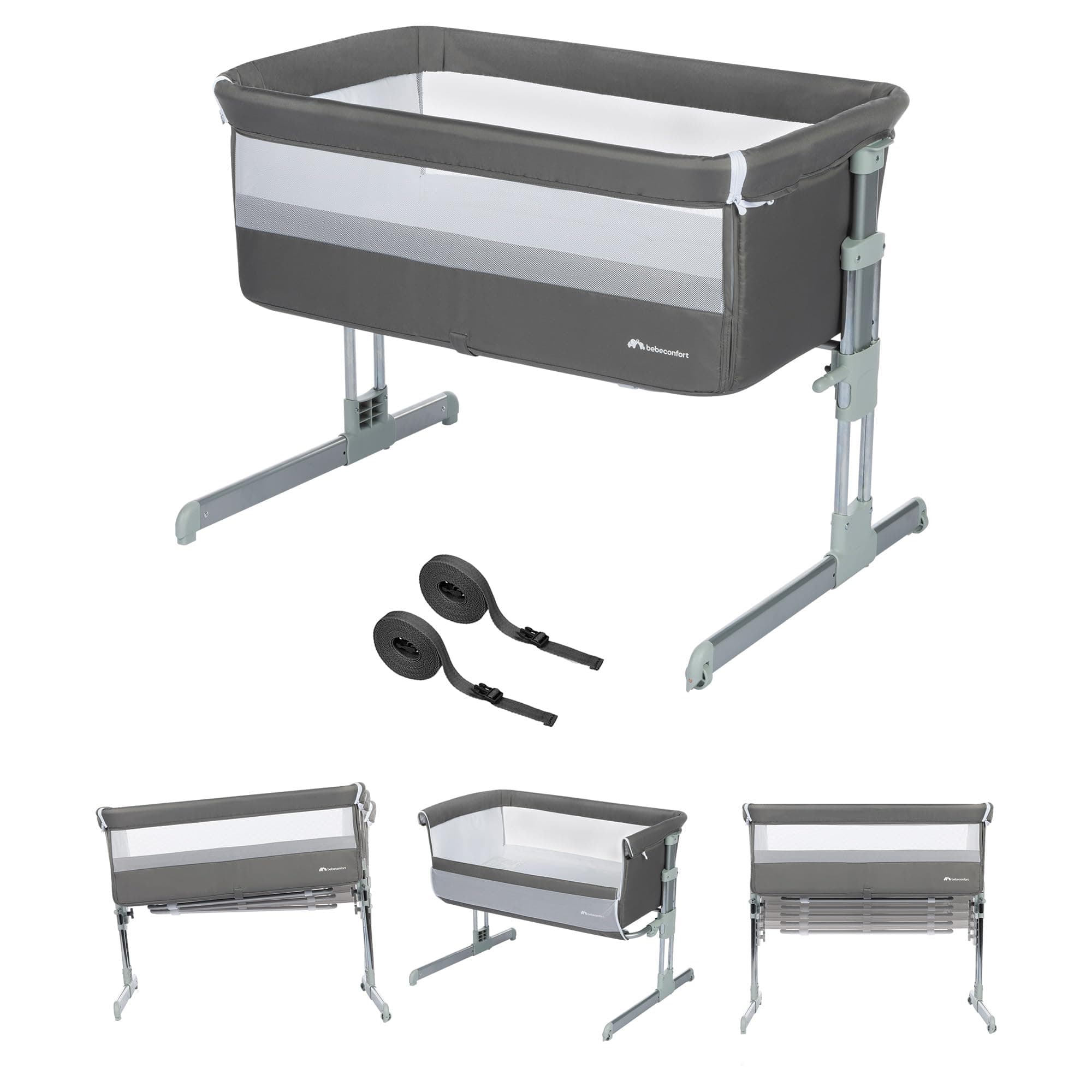 Bebeconfort Calidoo, Cuna Bebé y Moisés 2 en 1, 0-6 Meses (0-9 kg), Cuna Colecho Bebé Reclinable, 5 Alturas, Colchón Grande, Laterales de Malla, Lateral Deslizable de Fácil Plegado, Grey Mist