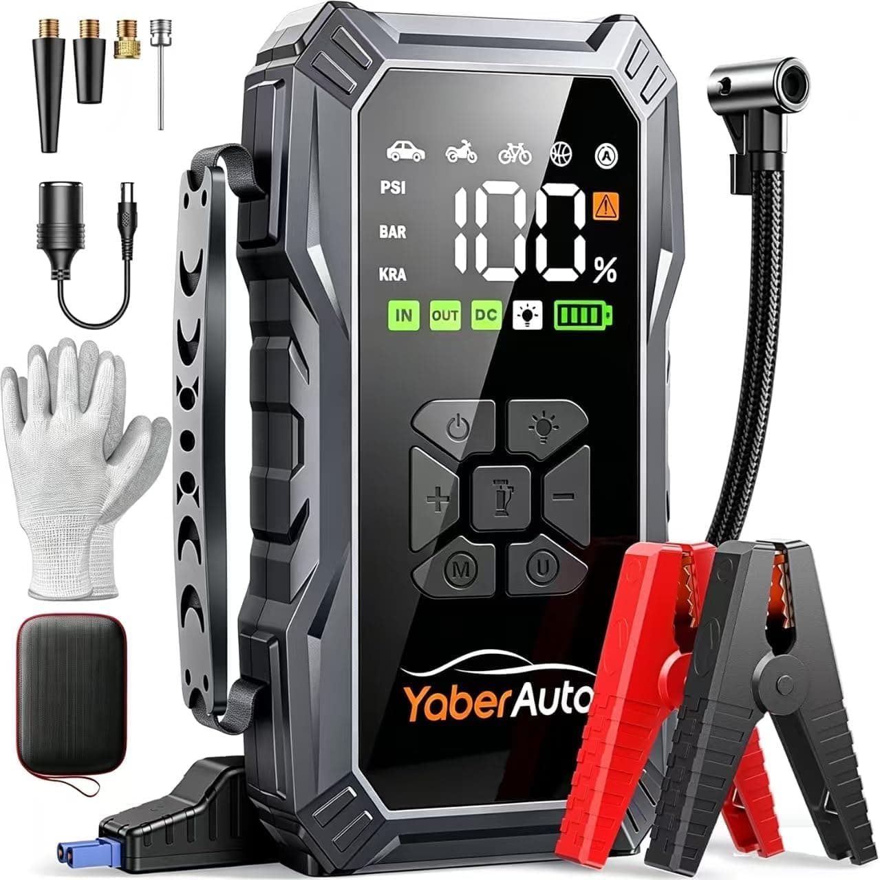 Arrancador de Baterias de Coche con Compresor de Aire, 6000A YaberAuto Arrancador de Coche Portatil (Todo Gas/10,0L Diesel) con 150PSI Inflador, Pantalla Grande y Linterna LED