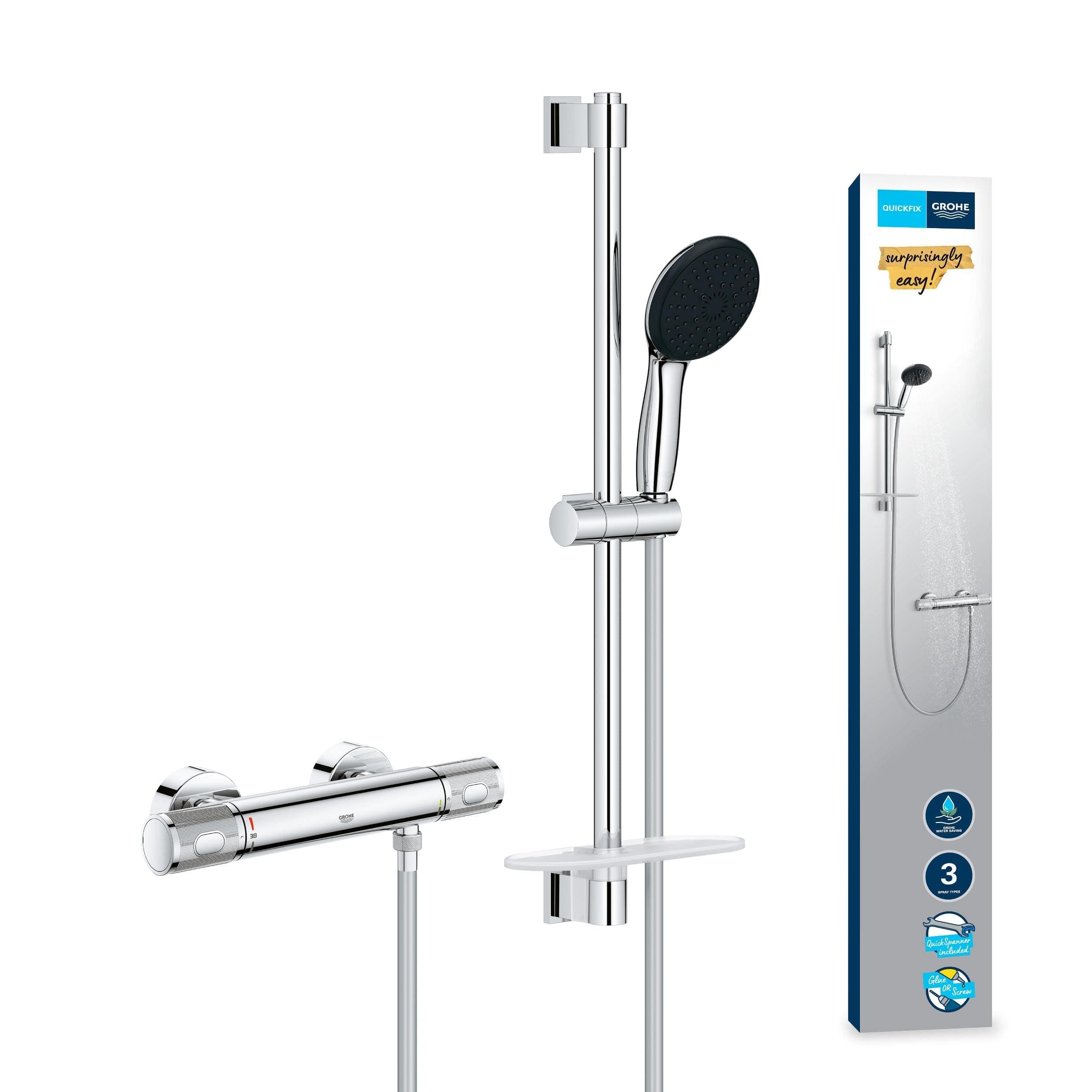 GROHE QuickFix Precision Feel Mitigeur thermostatique Douche, Ensemble Douche avec barre 60cm, Douchette 3 jets et Tablette, A coller ou à visser, Economie d'eau, Chromé, 34791001