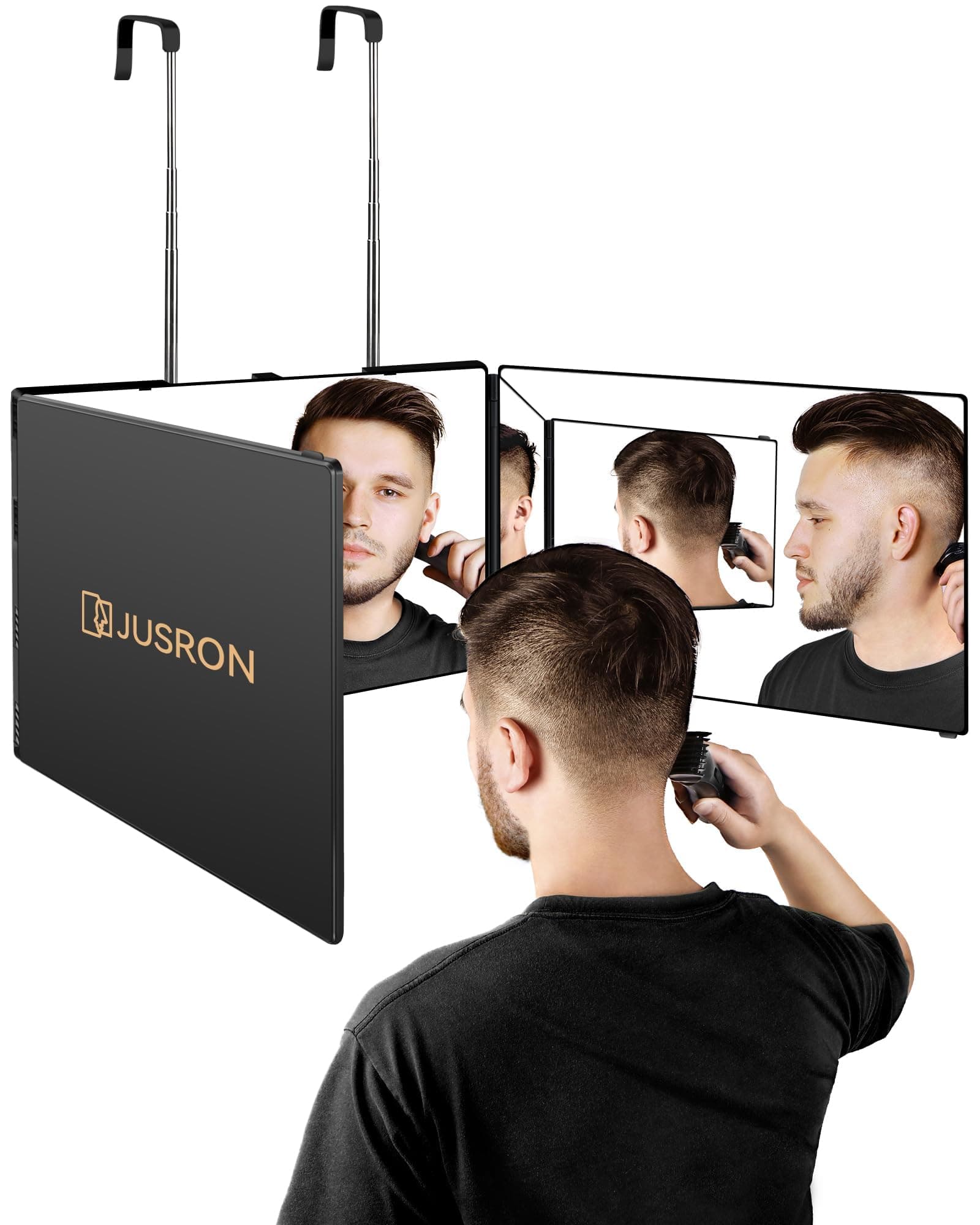 JUSRON Miroir à Suspendre à 360 ° - Cosmétique Miroir Pliable en 3 Parties - Réglable en Hauteur - pour Le Maquillage, Le Rasage, la Coiffure - sans LED
