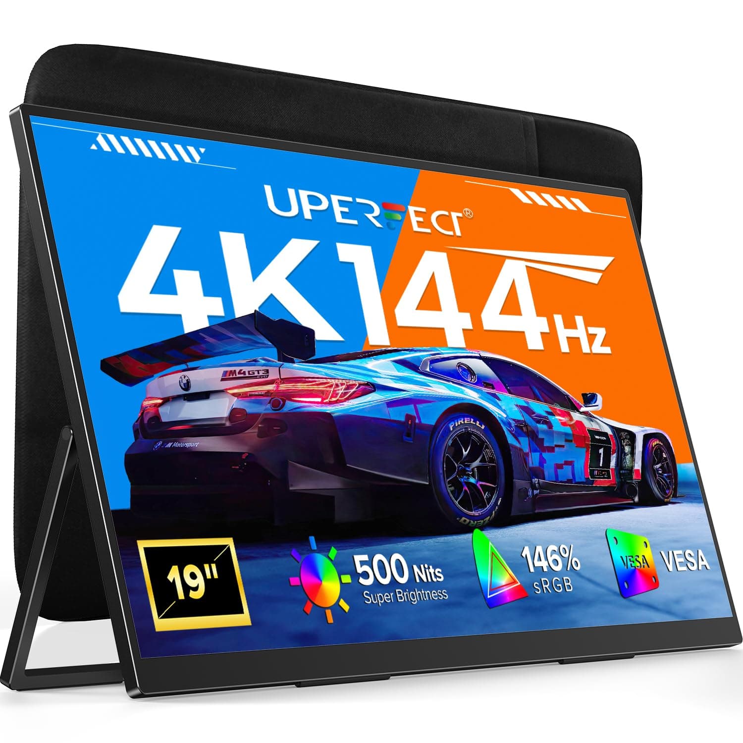 UPERFECT 19" Monitor Portátil 4K 144Hz Gaming Monitor QLED 3840×2160 146% sRGB HDR10 2000:1 500Nits 0.1ms Diseño con Soporte Integrado y VESA, Monitor de Viaje para Laptop, PC y Consola deJjuegos