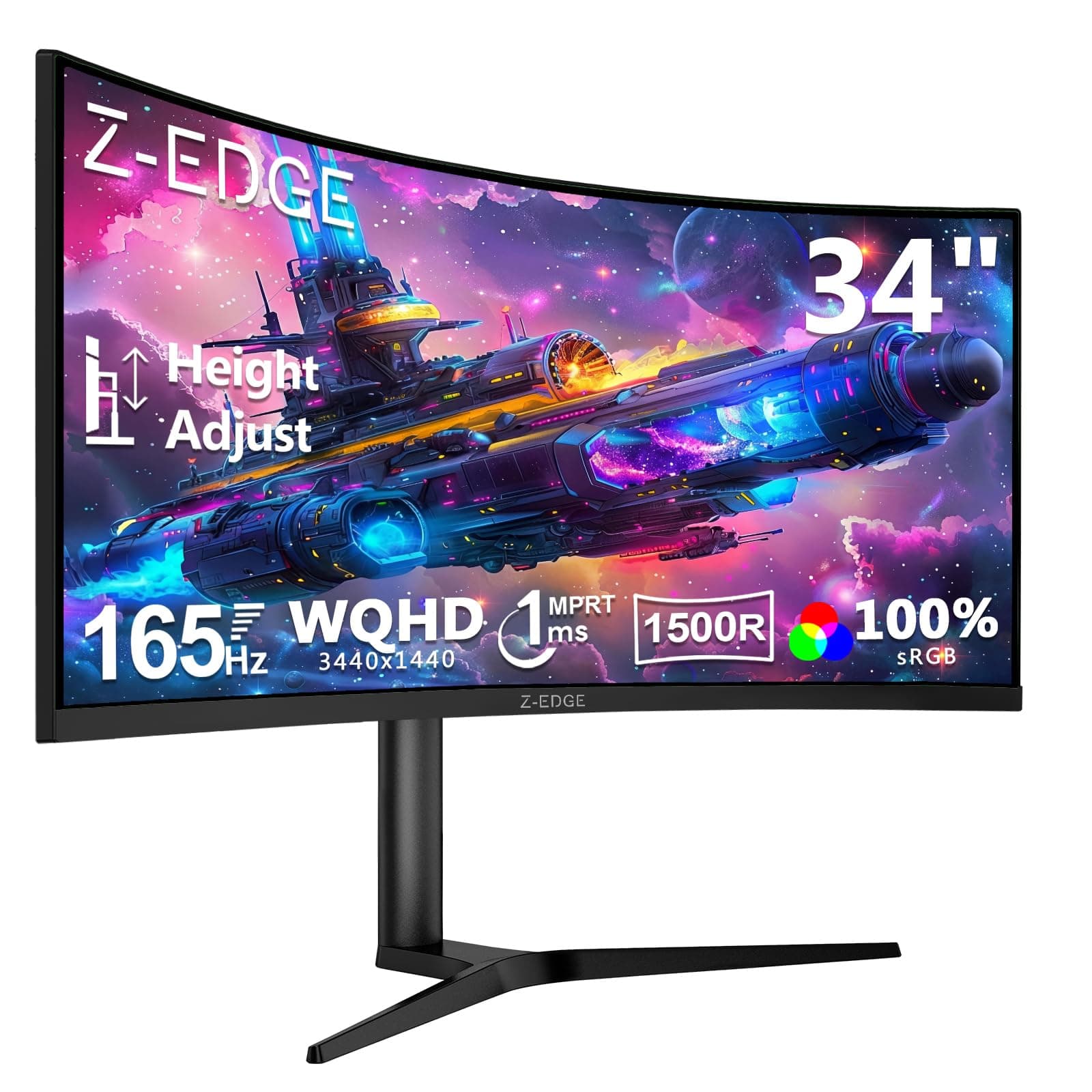 Z-Edge Monitor Gaming Curvo 34 Pulgadas, 165Hz, 3440x1440, 1ms MPRT, Altura & Inclinación Ajustables, Pantalla Ultra Ancho 21:9, FreeSync, 1500R VA, 2* HDMI2.0 &2* DP1.4, RGB, VESA 100 * 100mm