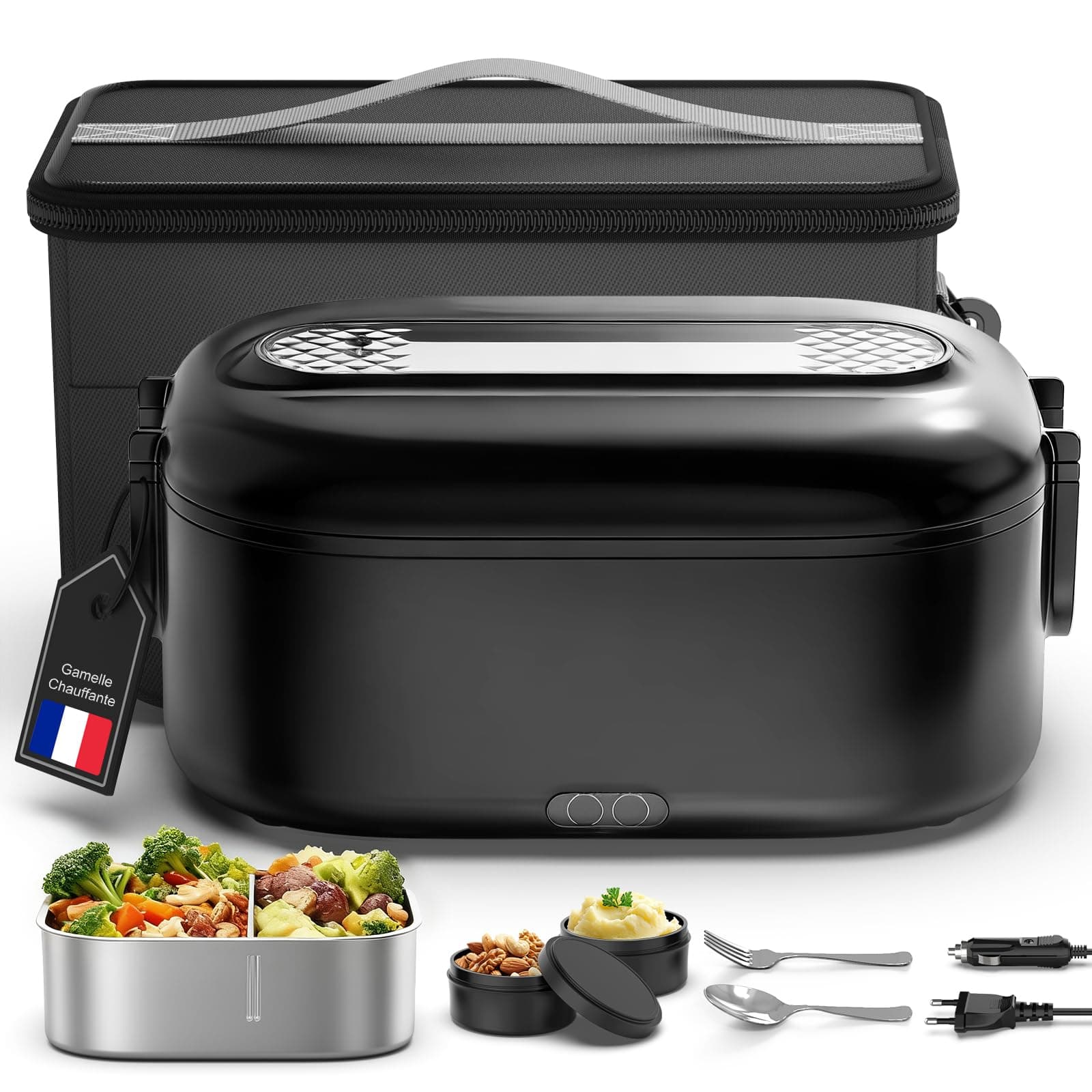 Gamelle Chauffante, Lunch Box Chauffante Electrique, 1,5 L 80 W Gamelle Isotherme pour Repas Chaud, 12V/24V/220V Acier Inoxydable Boite Repas pour Voiture Camion Bureau, Tupperware Chauffant, Noir