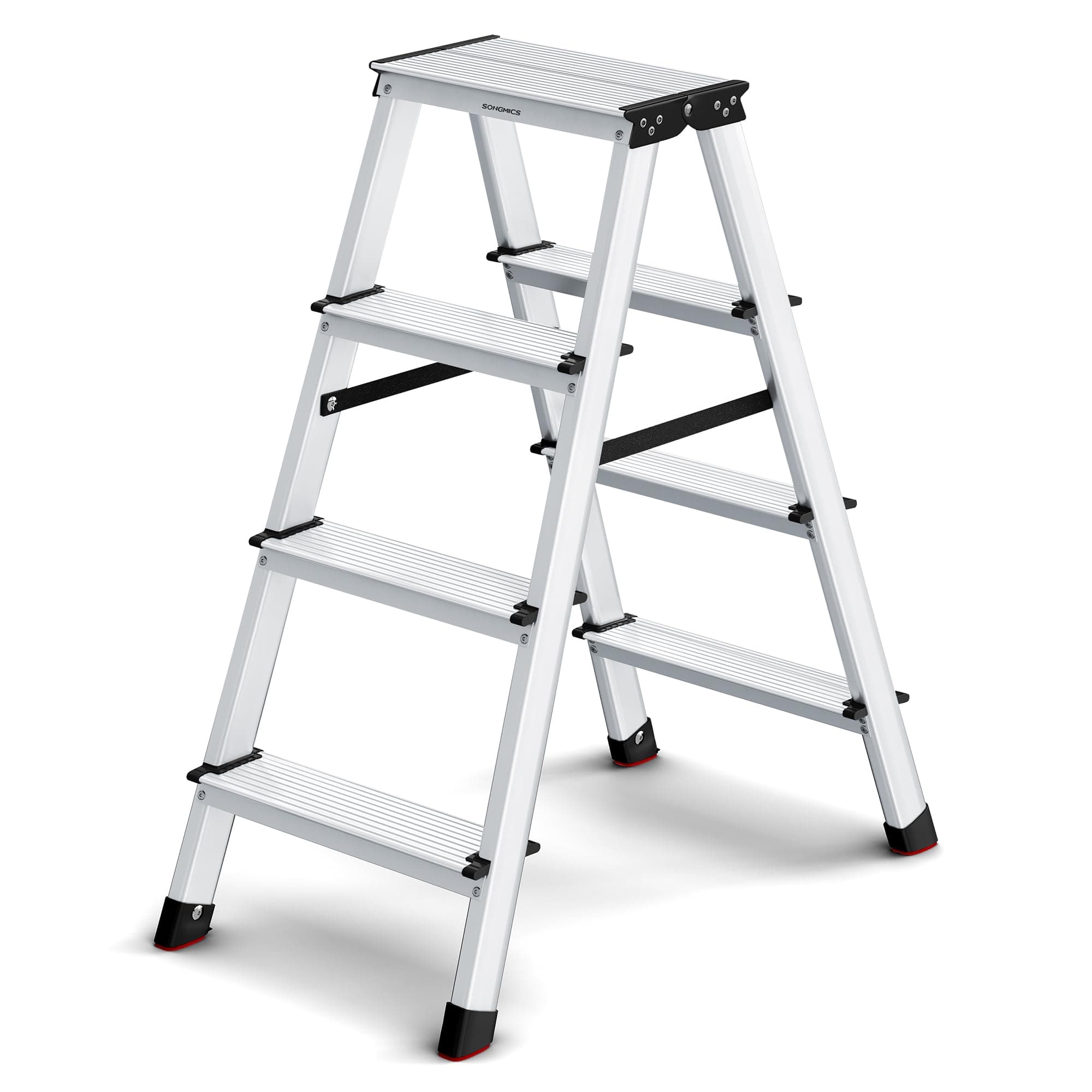 SONGMICS Leiter, Trittleiter, Aluleiter mit 4 rutschfesten Stufen, klappbar, Stehleiter, Mehrzweckleiter, bis 150 kg belastbar, Silbergrau-tintenschwarz GLT014E01
