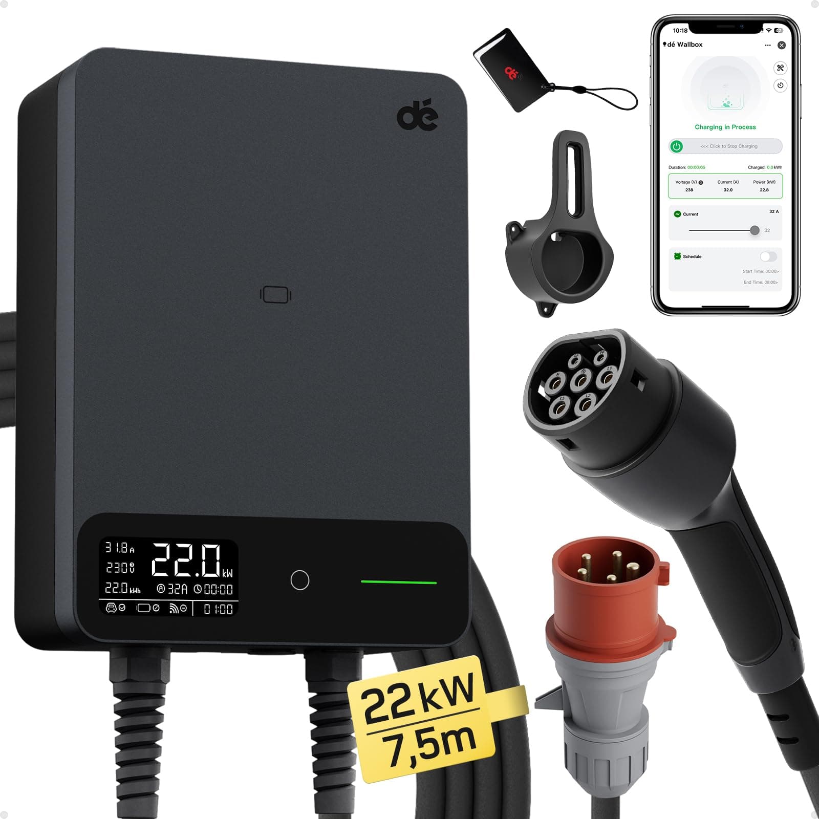 dé Wallbox 22kW [7,5m, 6-32A, Trifase] Colonnina Ricarica Auto Elettrica con APP e RFID e Supporto, EV Stazione di Ricaric con RCD Tipo B e Protezione IP54, per BEV/PHEV, Nero