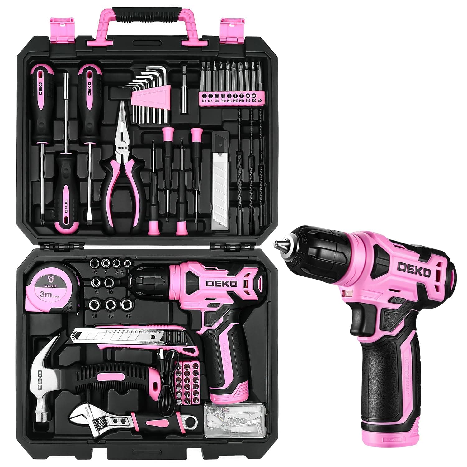 DEKO Caisse a Outil Rose Avec Perceuse Visseuse Multifonction Sans Fil 8V, 126 Pièces Malette Outils complete, Ensemble d'Outils avec Perceusepour Réparation, Entretien et Travail