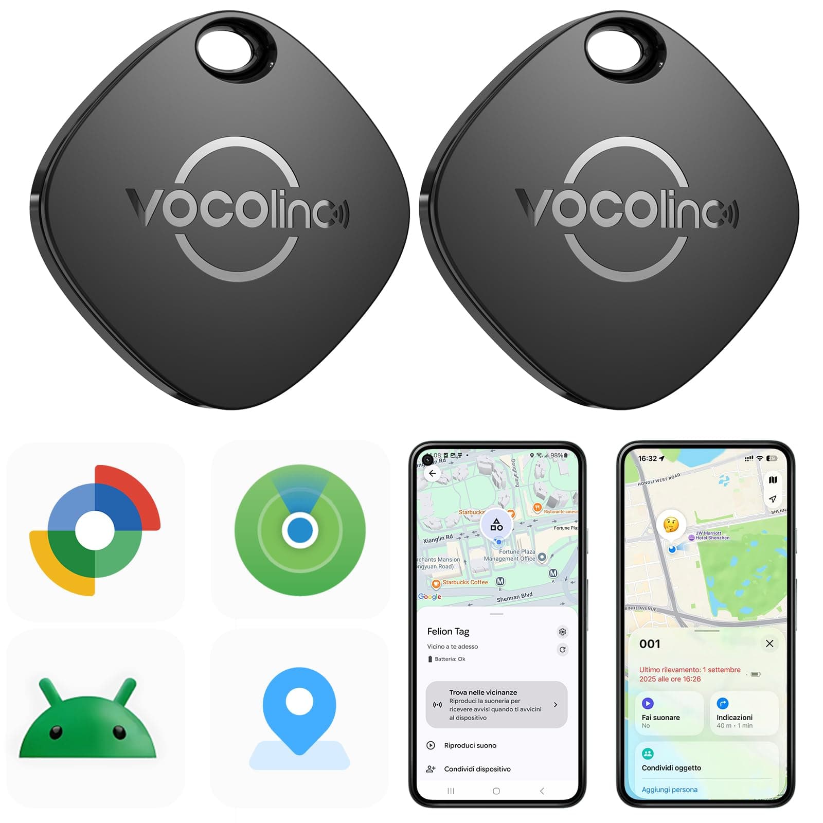 VOCOlinc Smart Tag Tracker Compatibile con Android Google Funzioni Trova o iOS Apple Dov'è App, Bluetooth Localizzatore per Chiavi/Portafoglio/Bagaglio/Zaino Borsa, 2 Pezzi Nero