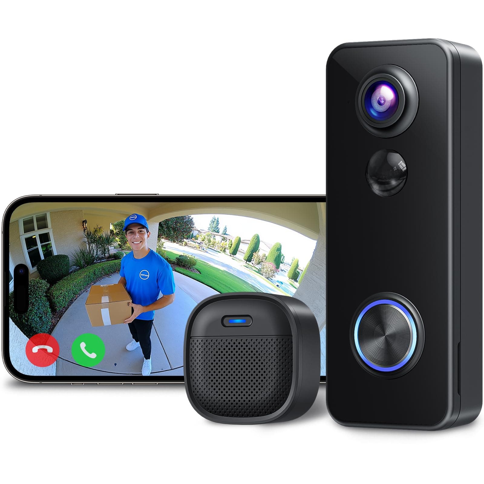 XTU 2K HD Sonnette sans Fil Exterieur Etanche, Sonnette sans Fil avec Camera Vue Complète 180°, Détection Humaine PIR, Audio Bidirectionnel, Uniquement 2,4G WiFi, Stockage Carte SD