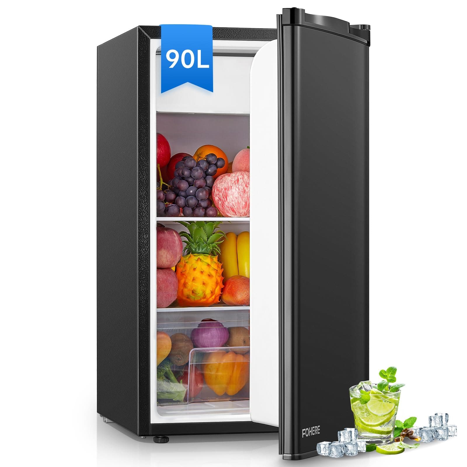 FOHERE Frigorifero Piccolo 91L MonoPorta Reversibile con Congelatore, Termostato Regolabile, Silenzioso, Scomparto per Verdure, Mini Frigo da Ufficio, Camera, Nero