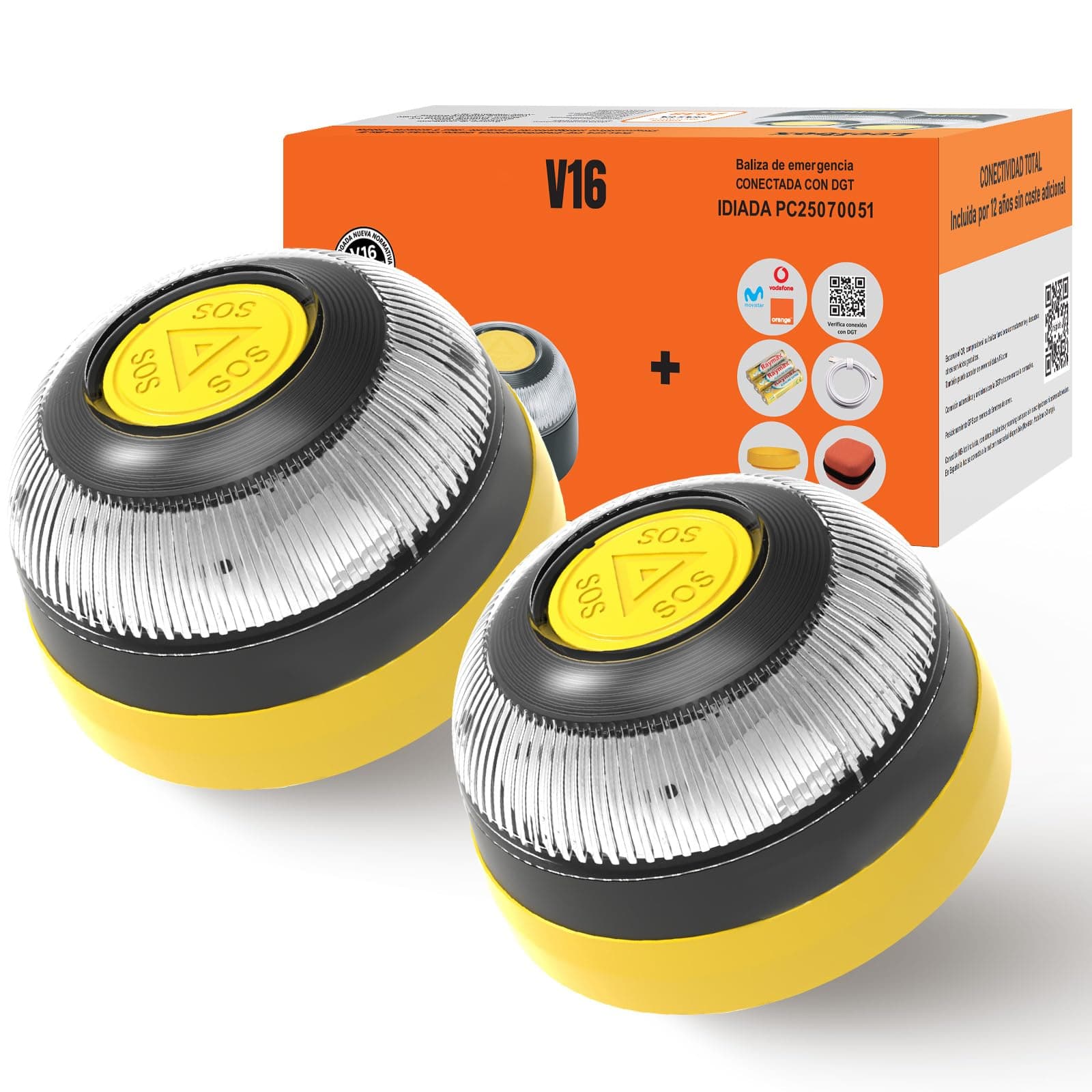 Pack de 2 - Baliza V16 Homologada DGT con Geolocalizador – Modelo JL001 Conectado IoT, Imanes + Ventosa INCLUIDA y 12 Años de Datos GRATIS