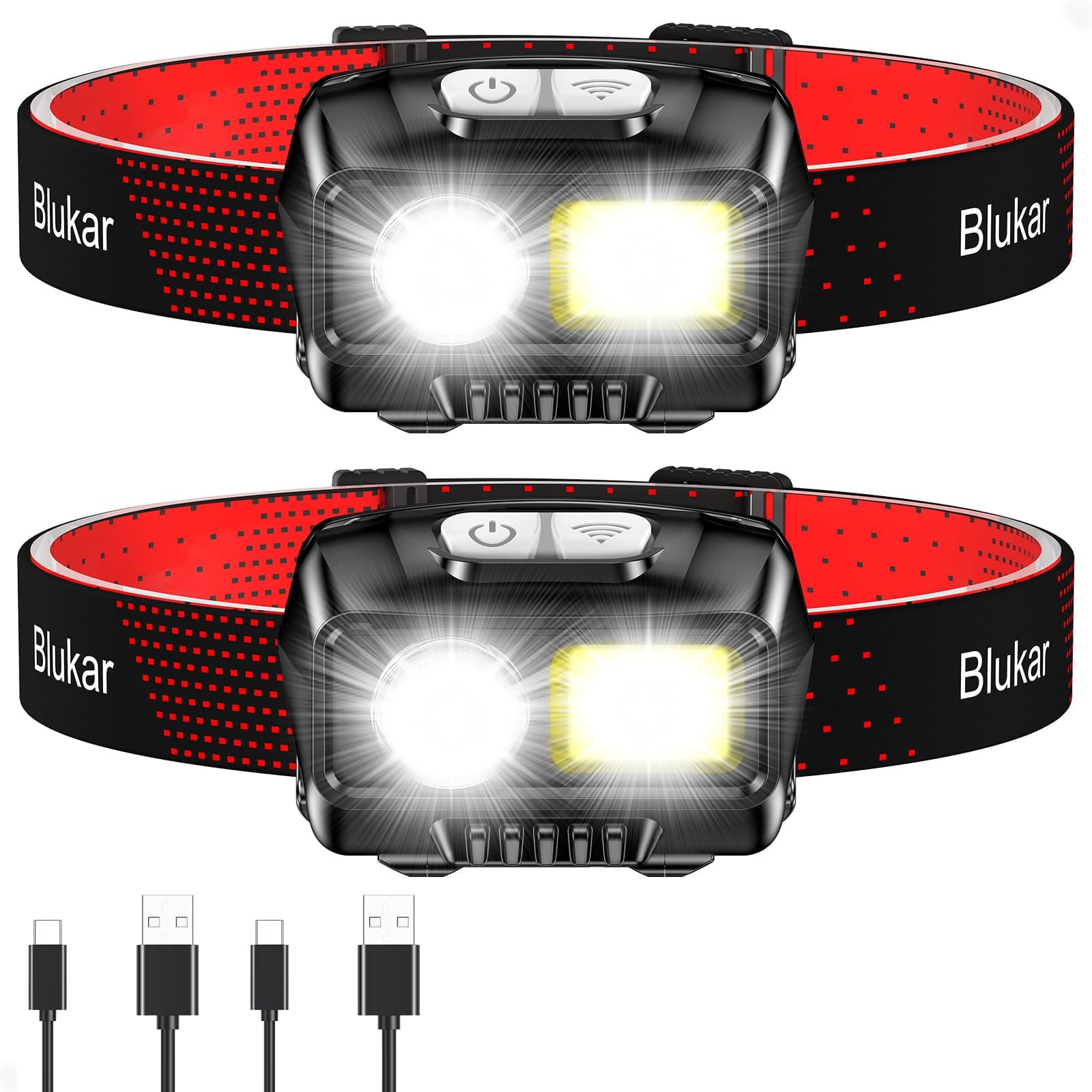 Blukar Torcia Frontale LED, 2 Pezzi Super Luminosa 2000 Lumen Lampada Frontale Ricaricabile con Sensore Movimento,8 Modalità di Illuminazione, Impermeabile Lampade da Testa per Campeggio/Corsa/Pesca