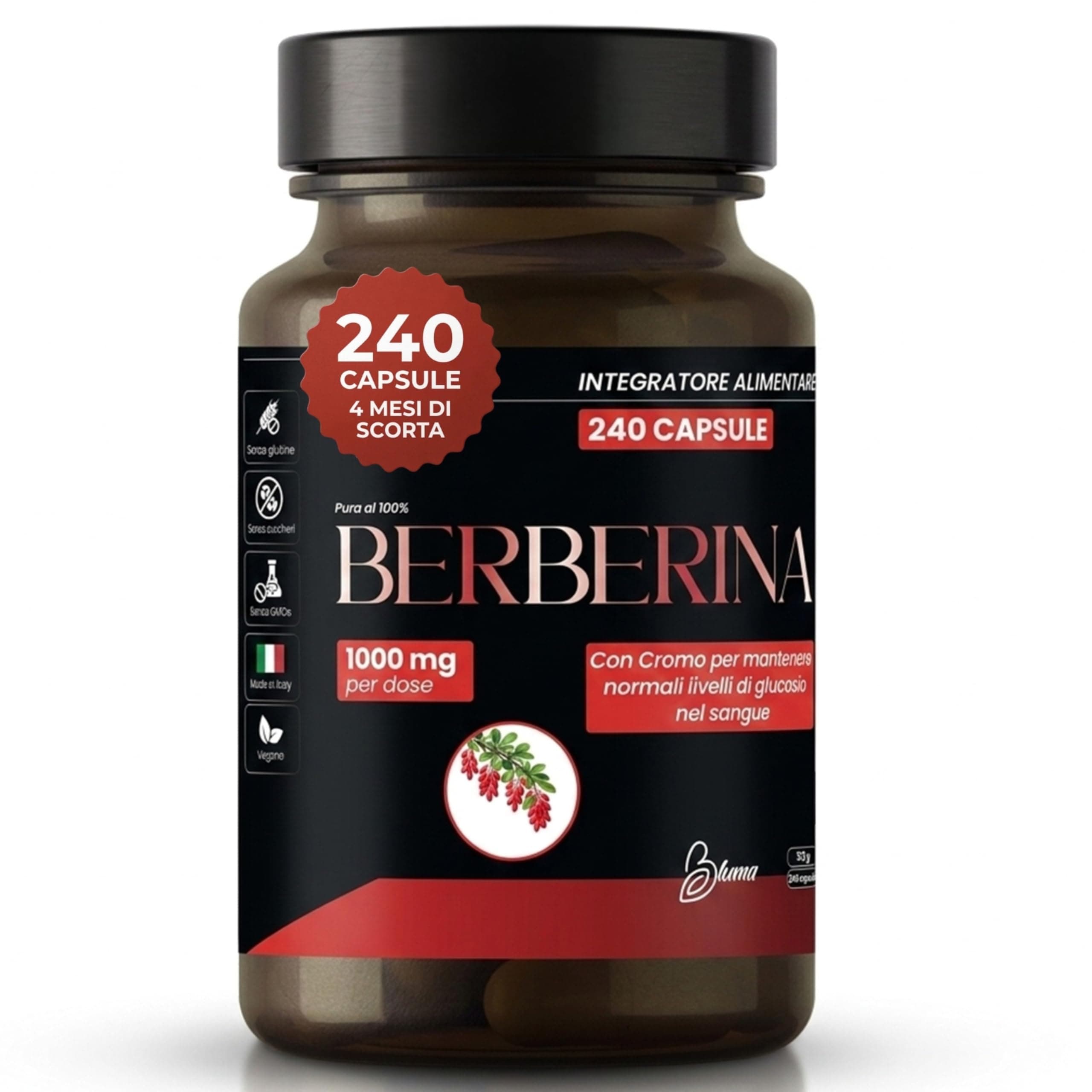 Berberina 1000mg Pura – 240 Capsule Vegane (4 Mesi) – Berberis Aristata 98% con Pepe Nero e Cromo – Supporto Metabolismo dei Macronutrienti e Livelli di Glucosio – Integratore Naturale Alto Dosaggio