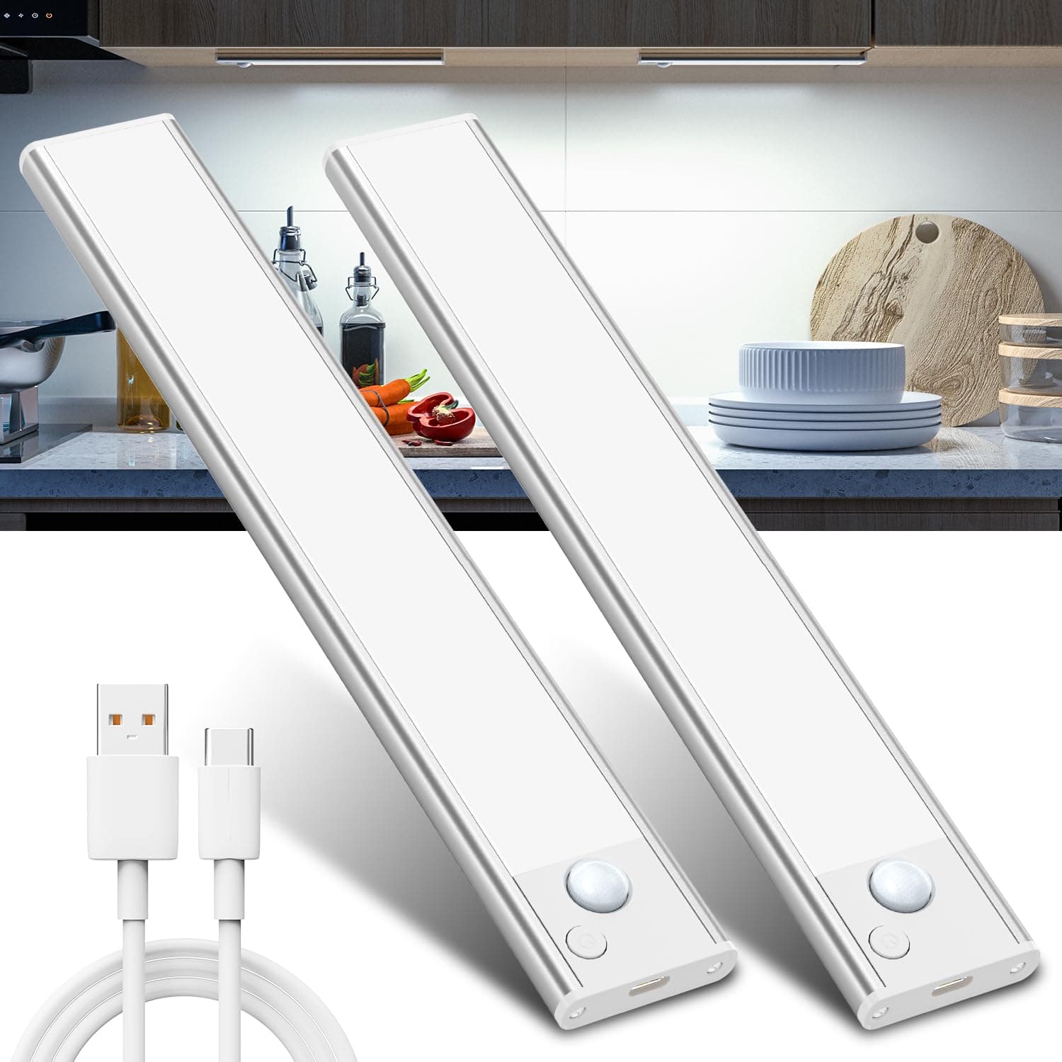 Luz LED Sensor Movimiento Cocina - Armario Luces Pilas Adhesiva Recargable Lampara sin Cables Bajo Mueble Interior Armarios Tira Lamparas Magnetica Pared Barra Light Iluminacion Inalambrica Lights USB