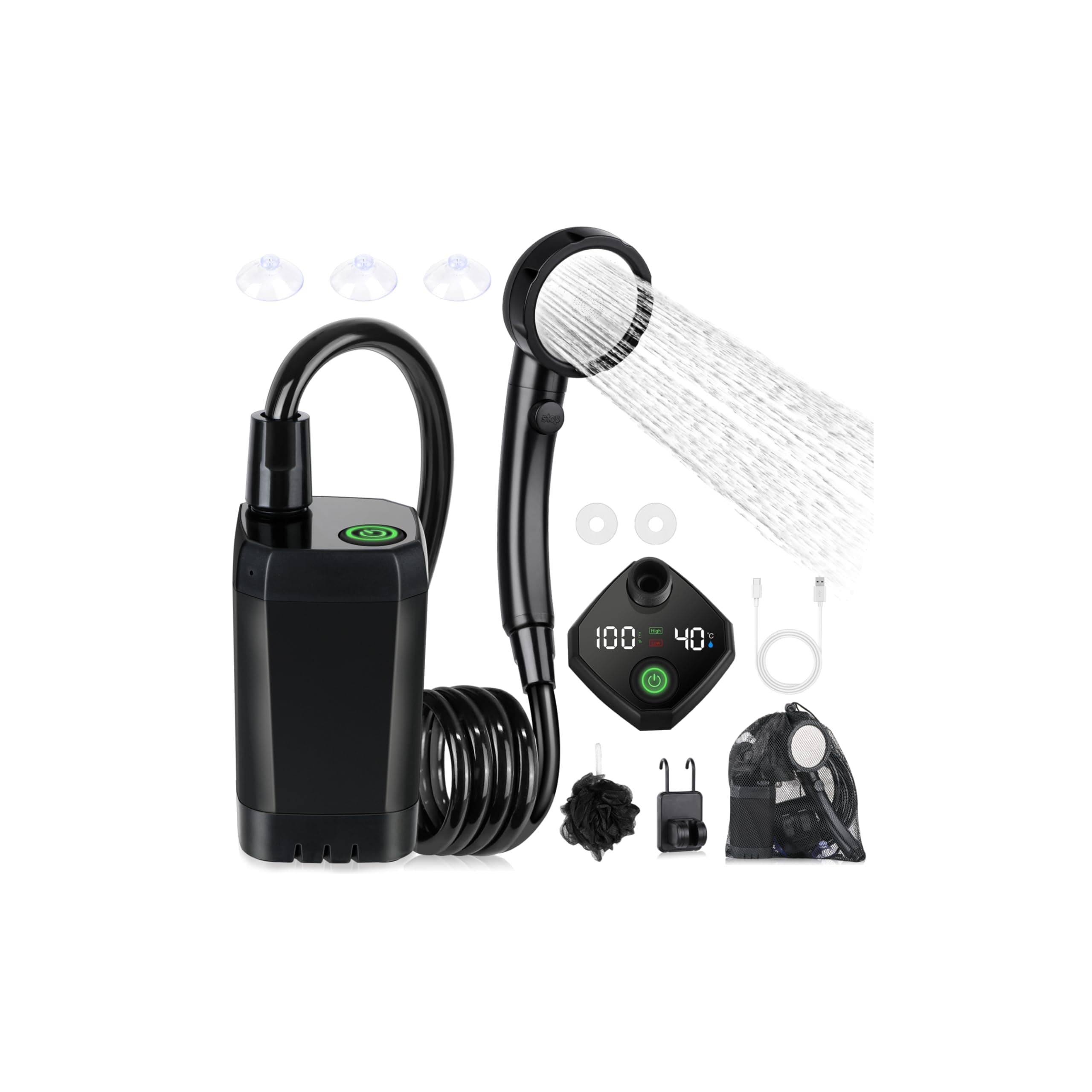 Spopal Kit Douche de Camping, Douche Portable,Pompe de Douche Électrique Rechargeable,Imperméable, avec Afficheur Intelligent et Pomme de Douche 4 Modes pour Extérieure,Camping,Randonnée