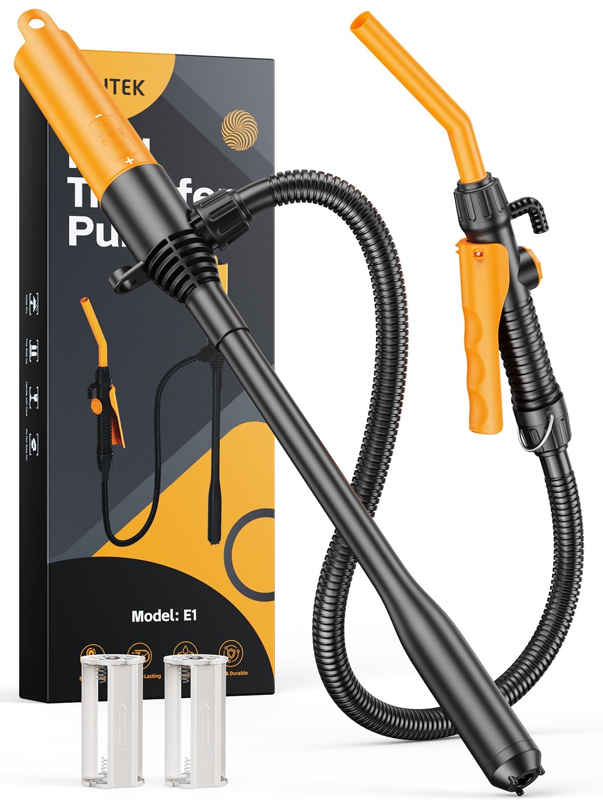 Pompe à Carburant E1, Pompe à Essence, Manuelle, Diesel à Batterie, 2,6 GMP, Pompe d'aspiration Portable avec Débit Contrôlé et Tuyau étanche de 150 cm pour Essence, Diesel et Eau