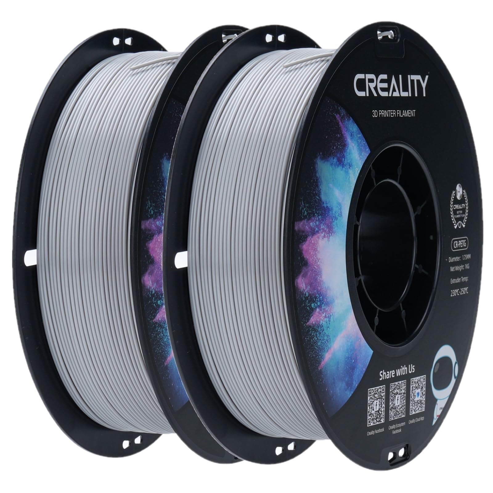 Creality Filamento PETG 1.75mm, Eccellente Flessibilità e Durata, Precisione Dimensionale +/- 0.03mm, 2kg (4,4 libbre) per Stampanti 3D, PETG (Grigio*2)