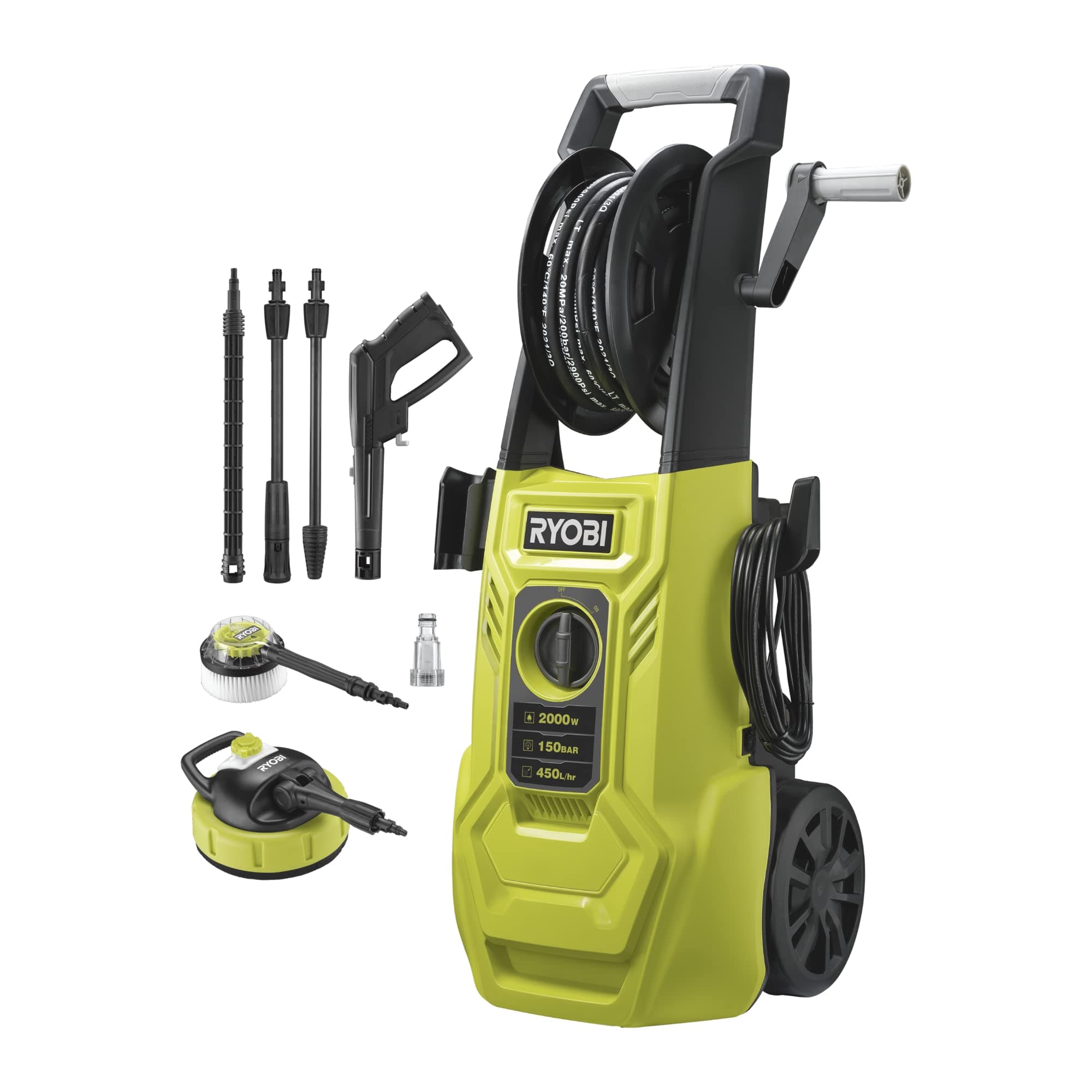 RYOBI - Nettoyeur Haute Pression 2000 W - 150 Bars - 450 L - Flexible 8 m - Enrouleur - réservoir détergent intégré - Lance Vario & Turbo - Brosse rotative - RY150PWA