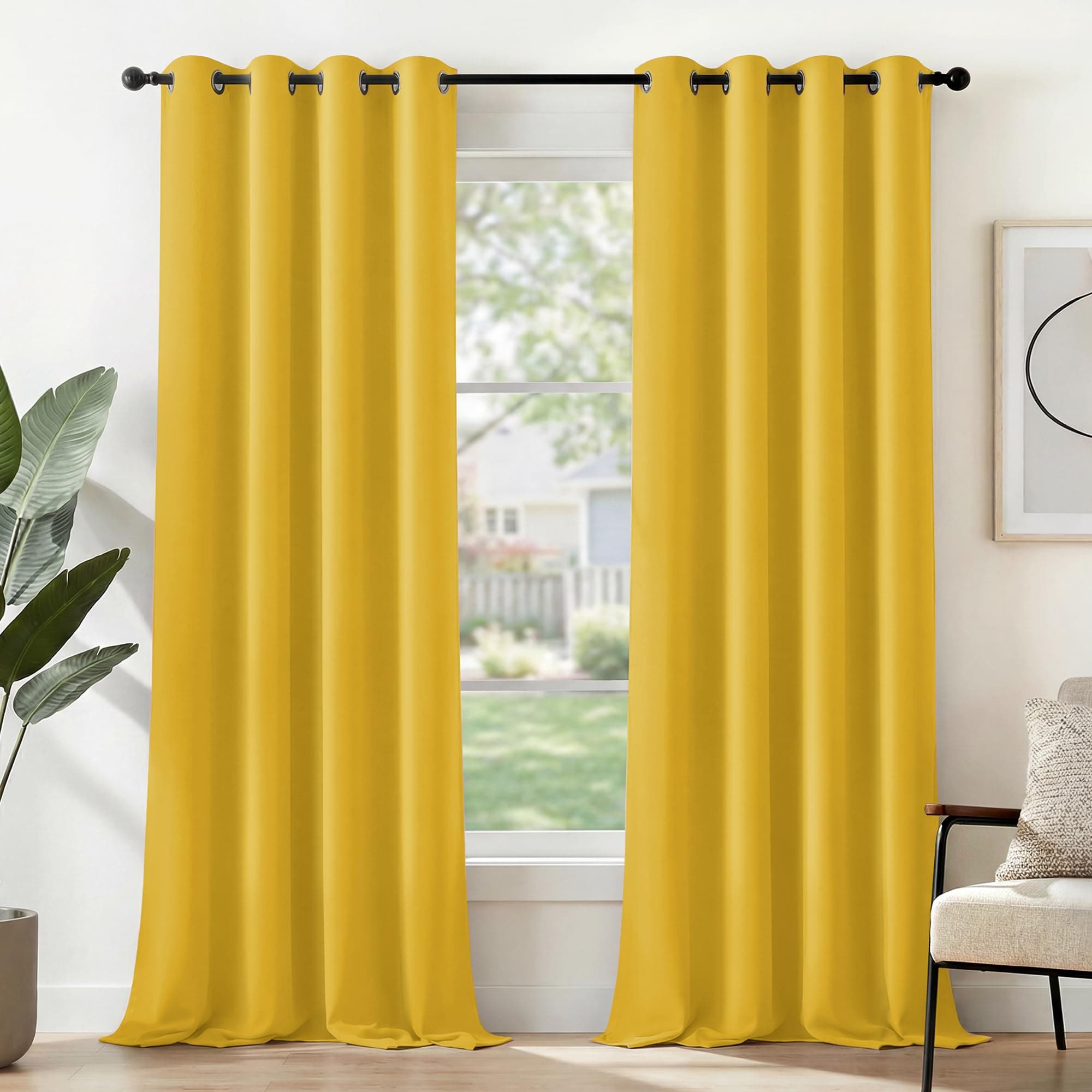 Deconovo Rideaux Occultants Isolant Thermique Anti Froid, Design Moderne à Oeillets, Rideaux pour Chambre Fille, 140x220 CM (Largeur x Hauteur), Jaune Moutarde, 2 Pièces