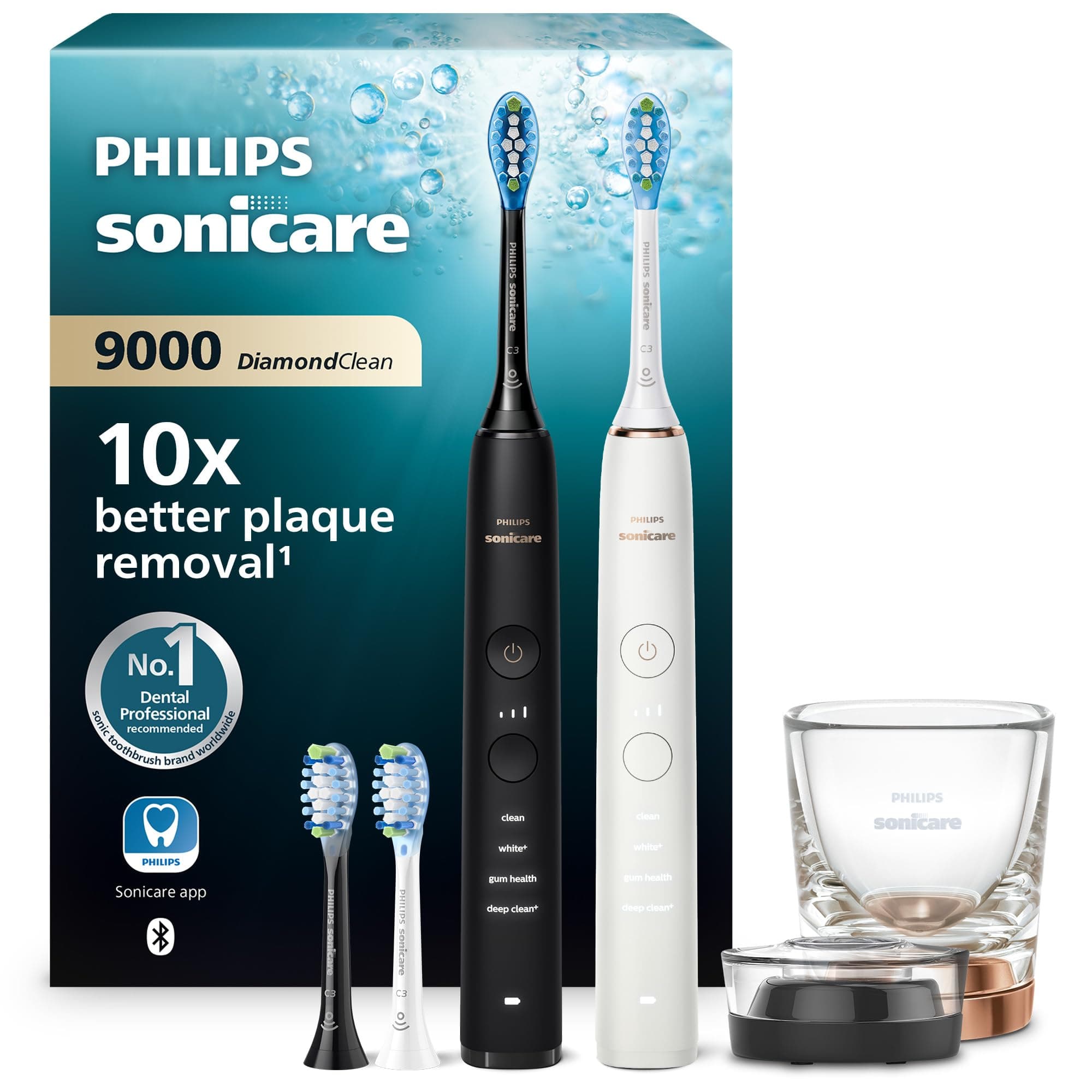 Philips Sonicare DiamondClean 9000 cepillo dental eléctrico, paquete doble, cepillo dental sónico con aplicación, sensor de presión, vaso de carga, negro y oro rosa, modelo HX9914/61