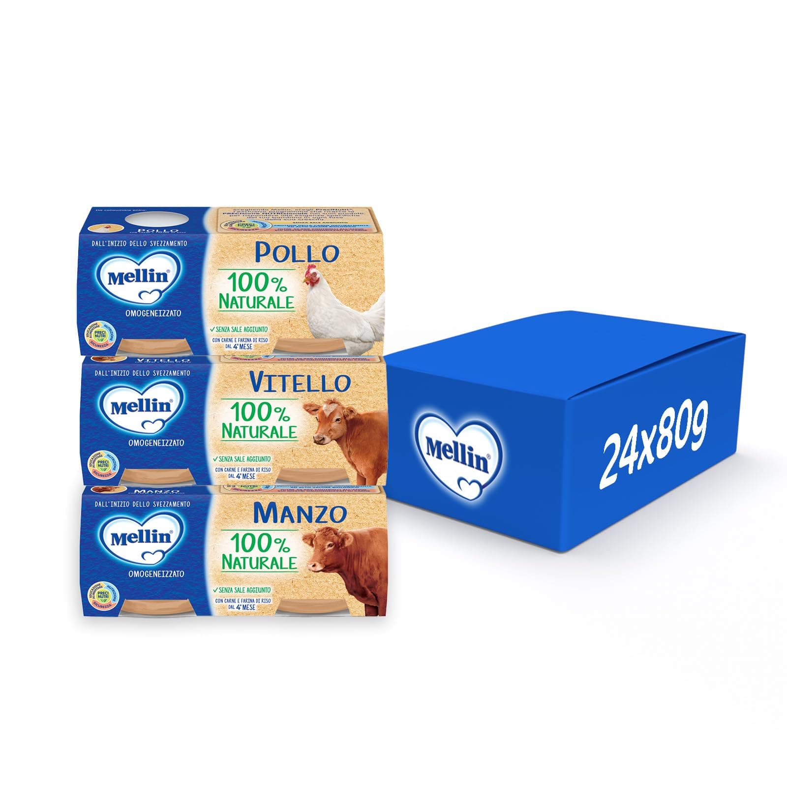Mellin Omogeneizzato Naturale, Mix Gusti Carne, 24 Vasetti Da 80 Gr